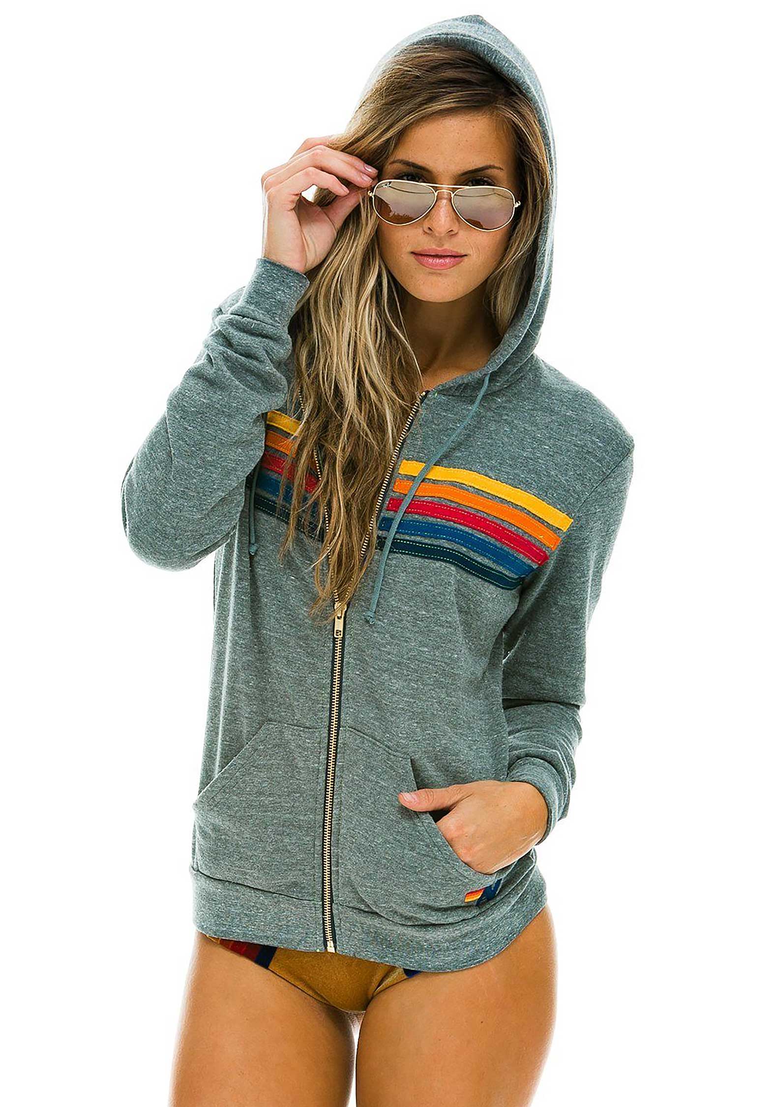 Aviator Nation | 5 Stripe Zip Hoodie - Heather-Grey - Image 3