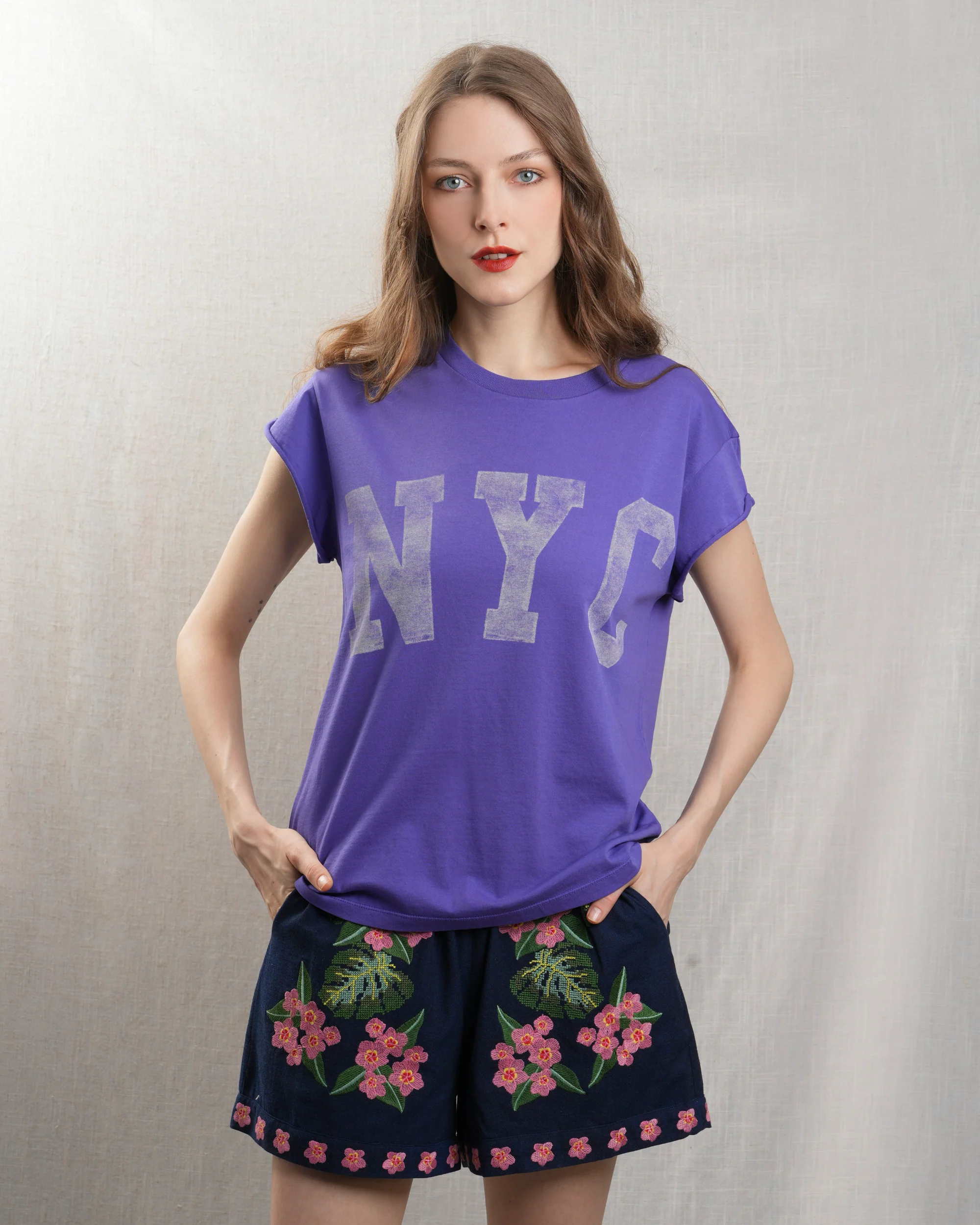 Bowery | Rolled-Sleeve Graphic T-Shirt in Vintage Violet