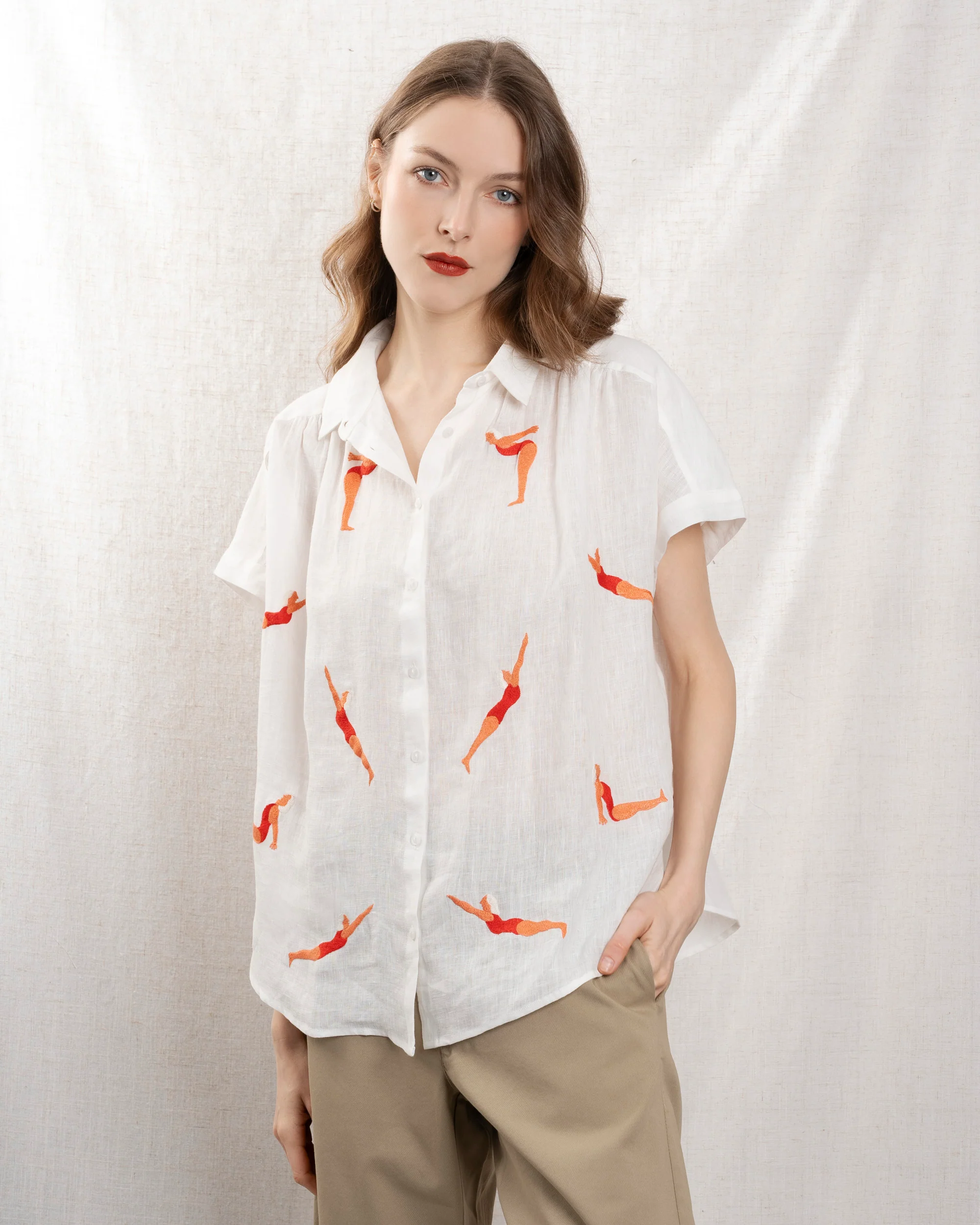 Citrus | Mint Leaf Button-Down Blouse - Cotton Poplin White