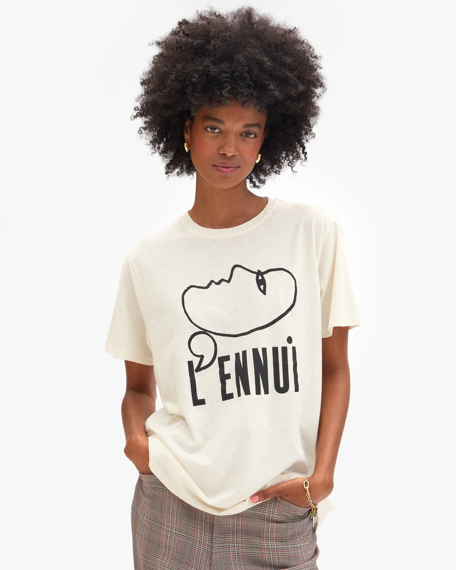 Clare V. Women's L'Ennui Graphic T-Shirt Cotton Linen Blend - Cream