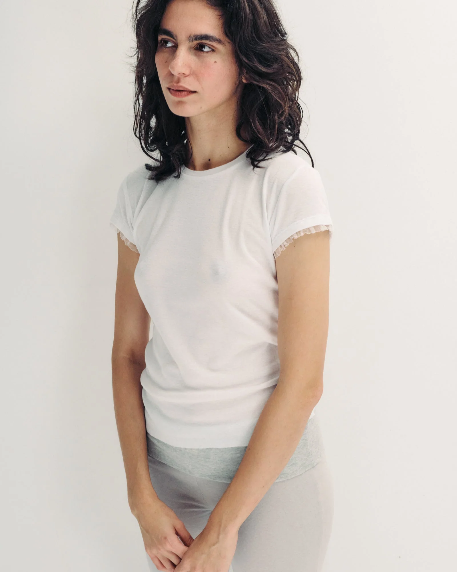 DE Base | Poly T-shirt with Ruffle Sleeve Trim - White - Image 7