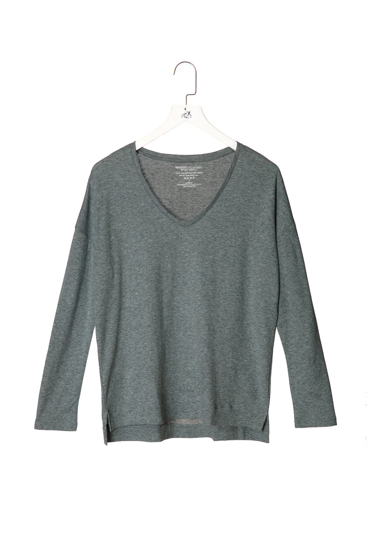 Majestic | Deep Neck Long Sleeve T-Shirt - Grey Jersey - Image 7
