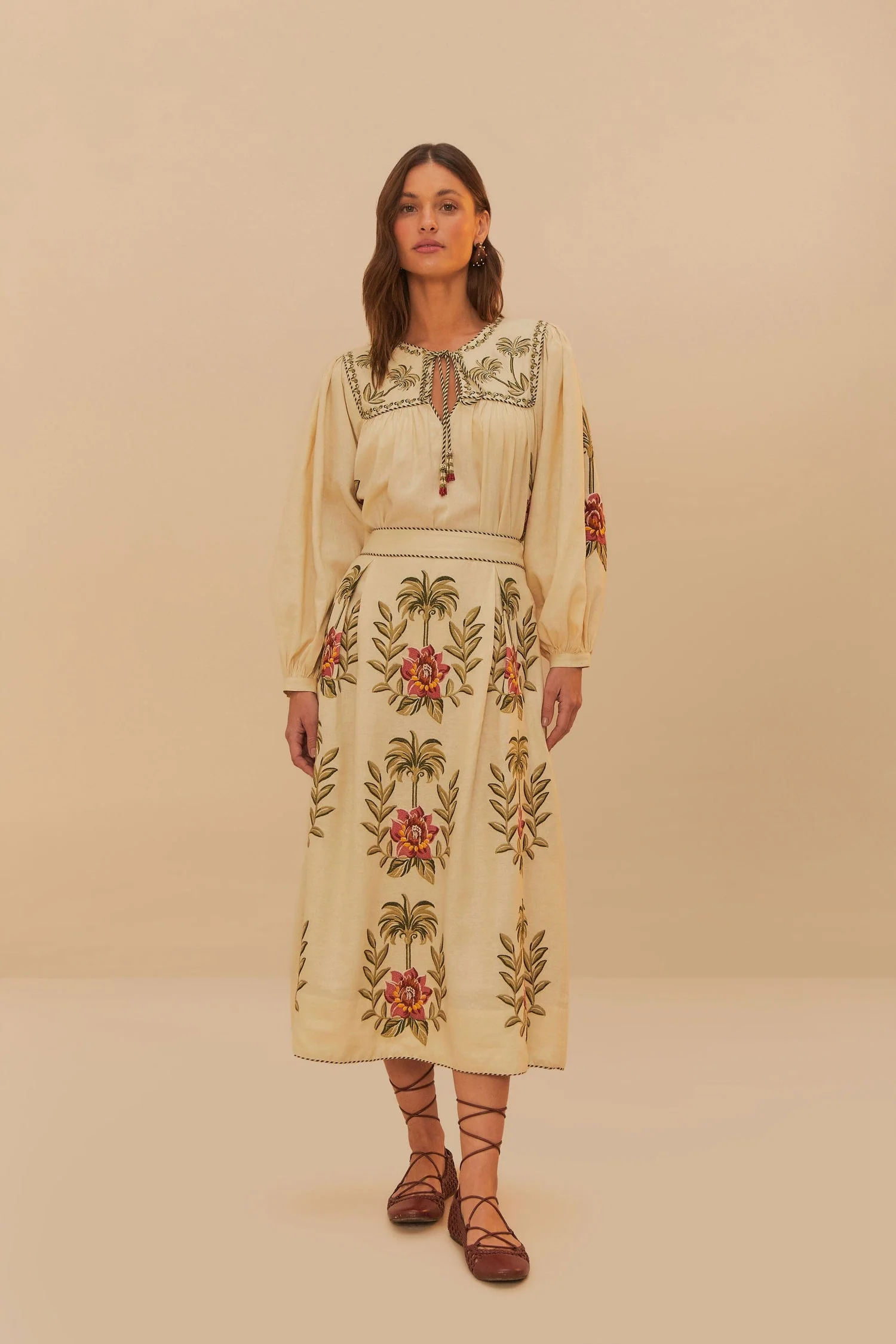 Farm Rio | Floral Embroidered Maxi Skirt - Linen Blend Sand