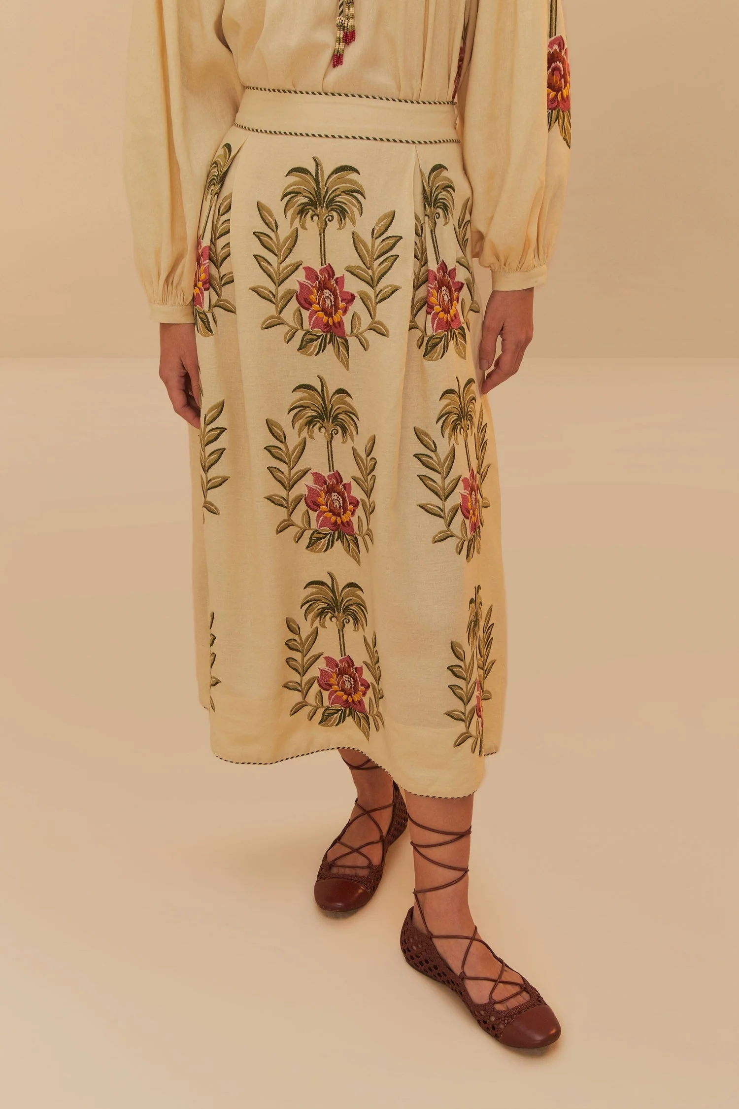 Farm Rio | Floral Embroidered Maxi Skirt - Linen Blend Sand - Image 2