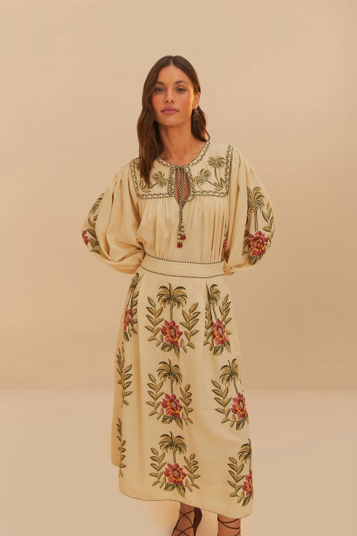 Farm Rio | Floral Embroidered Maxi Skirt - Linen Blend Sand - Image 3