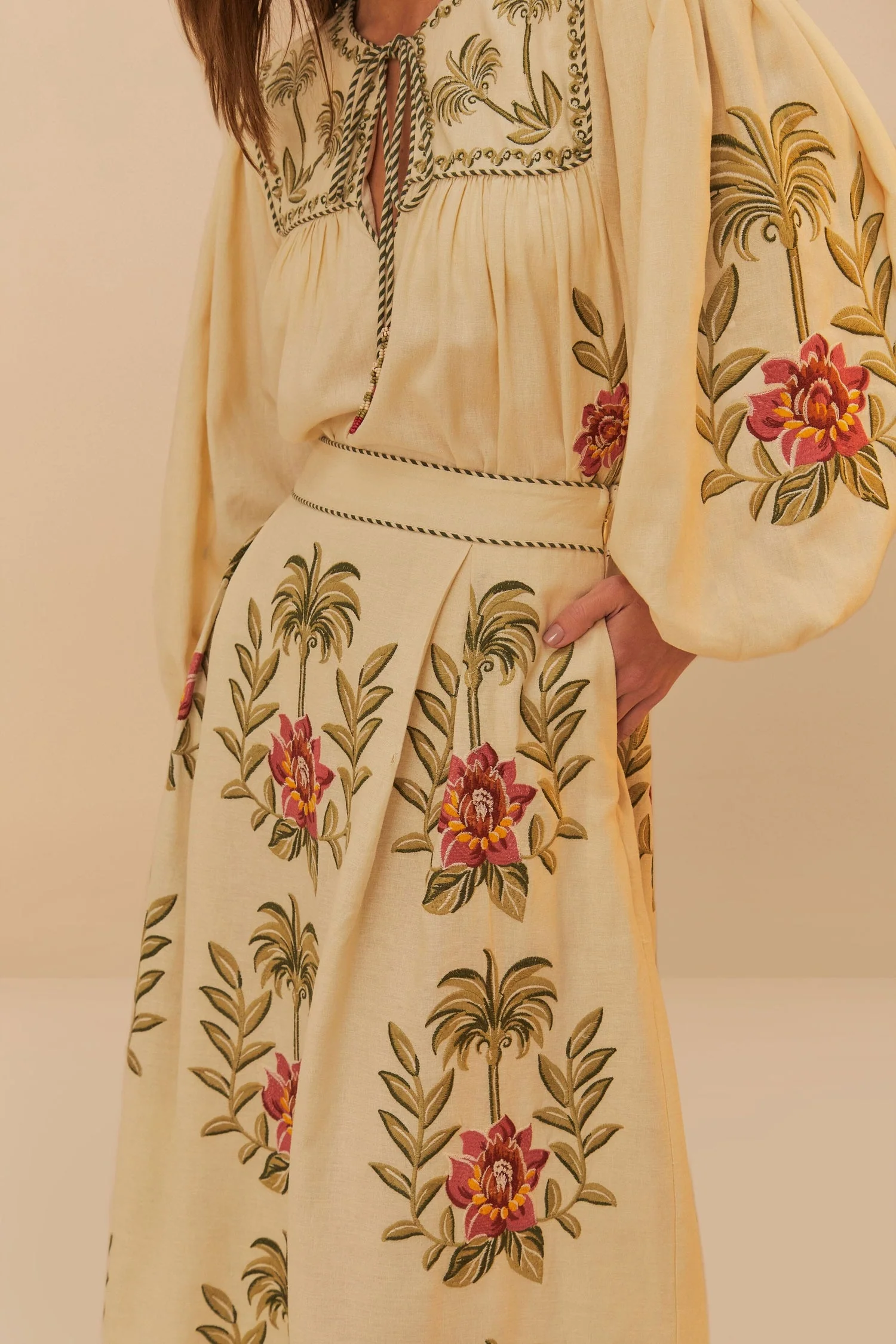 Farm Rio | Floral Embroidered Maxi Skirt - Linen Blend Sand - Image 4