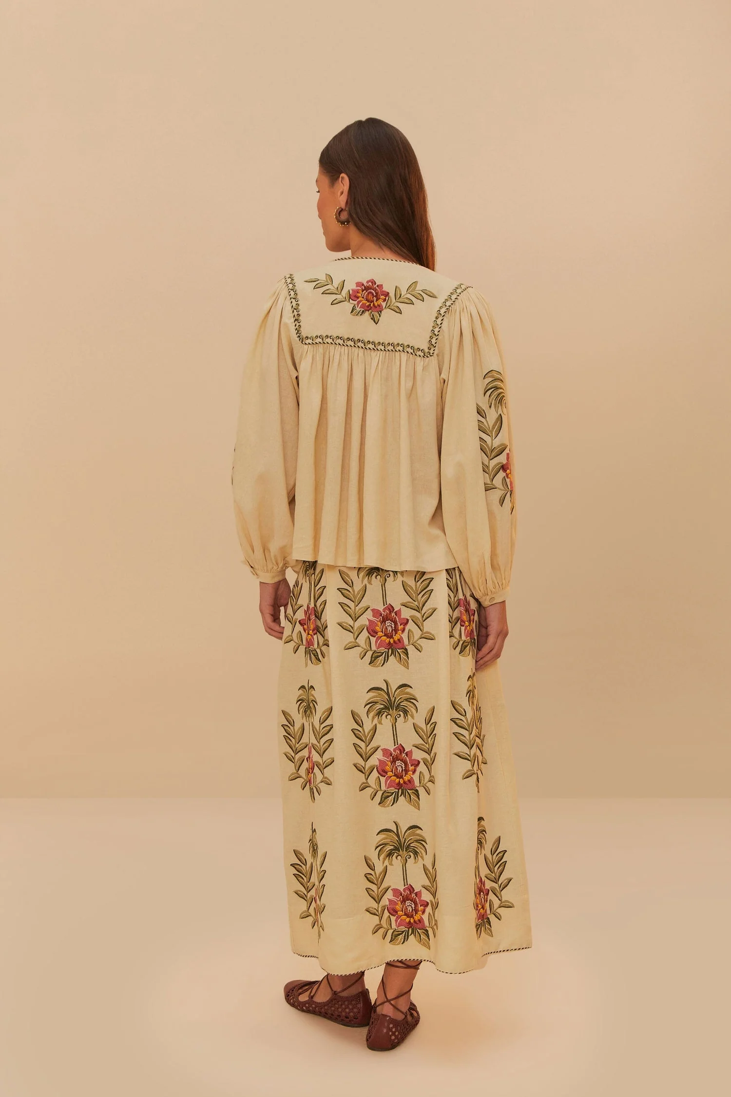 Farm Rio | Floral Embroidered Maxi Skirt - Linen Blend Sand - Image 5