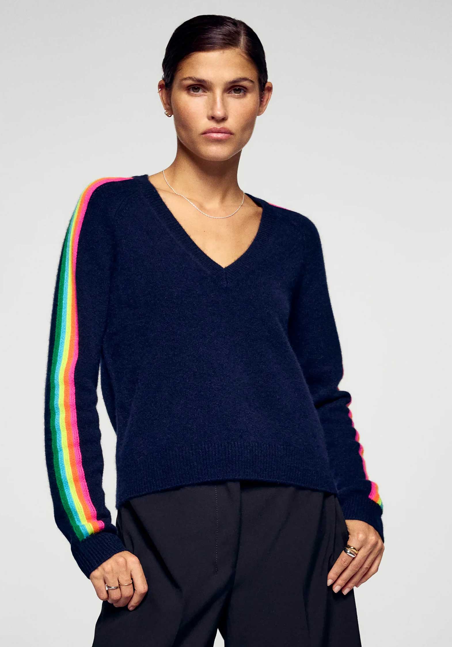 From Future | Striped Band Short Cashmere Pullover - Navy