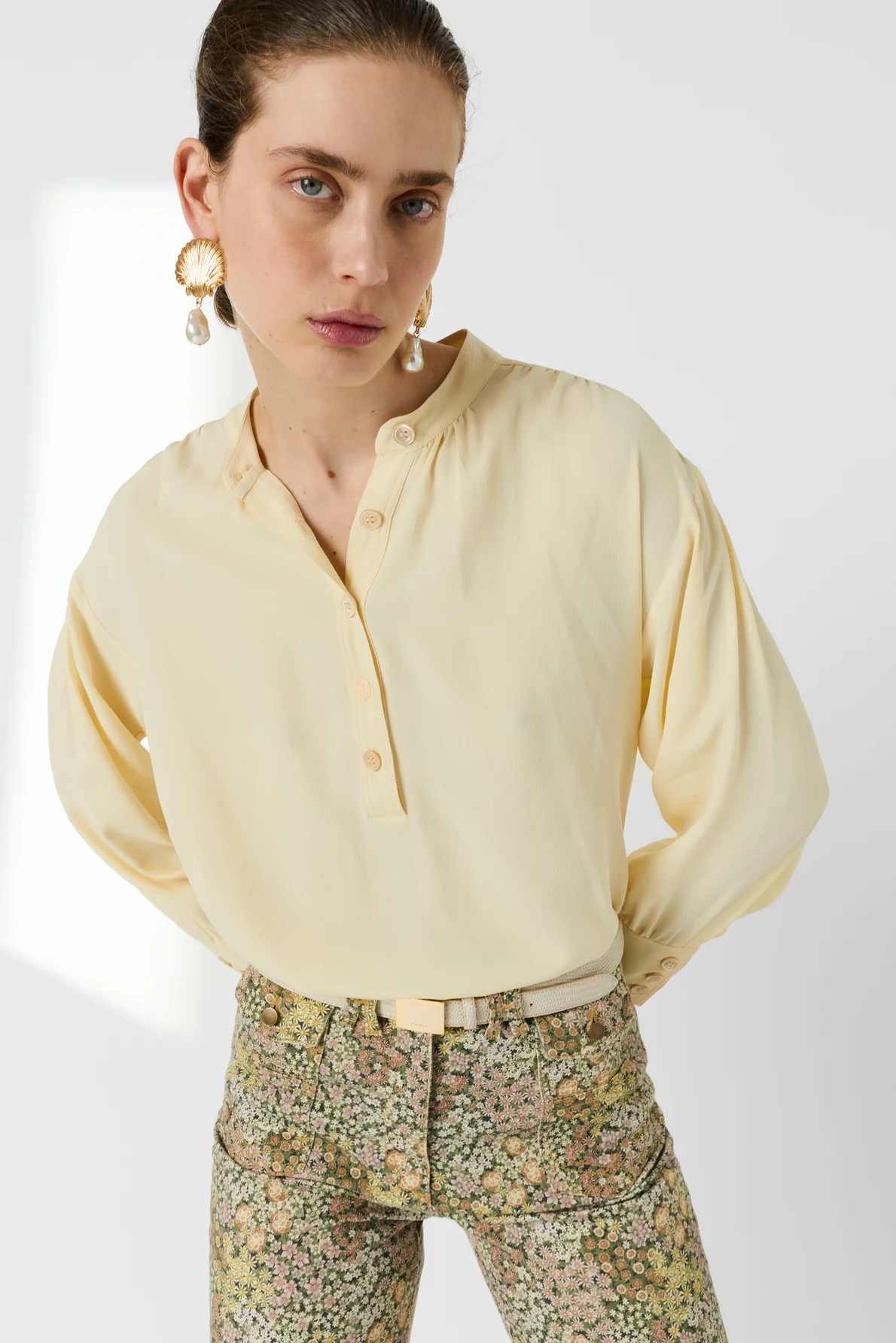 Women Button-Down Blouse Crepe Silk Charmeuse - Yellow - Image 5