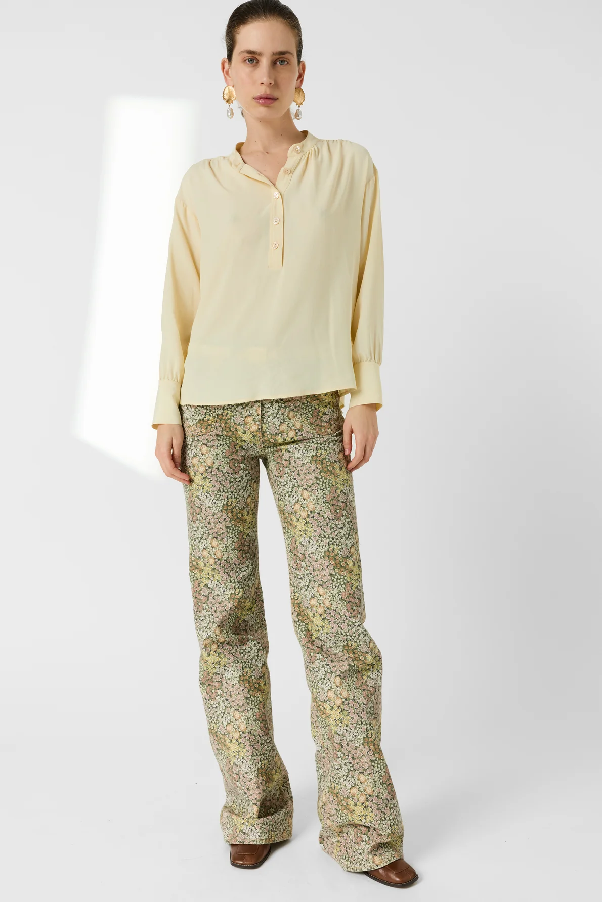 Women Button-Down Blouse Crepe Silk Charmeuse - Yellow - Image 7