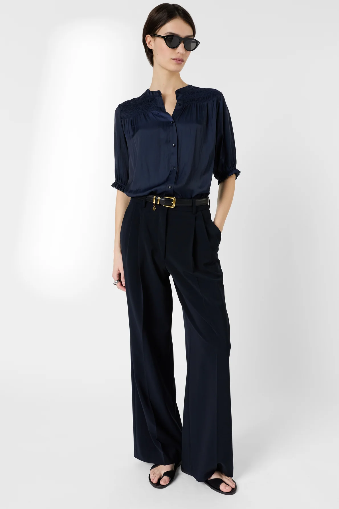 Women's Premium Button-Down Blouse Elegant Silhouette Satin - Ecru Navy - Image 2
