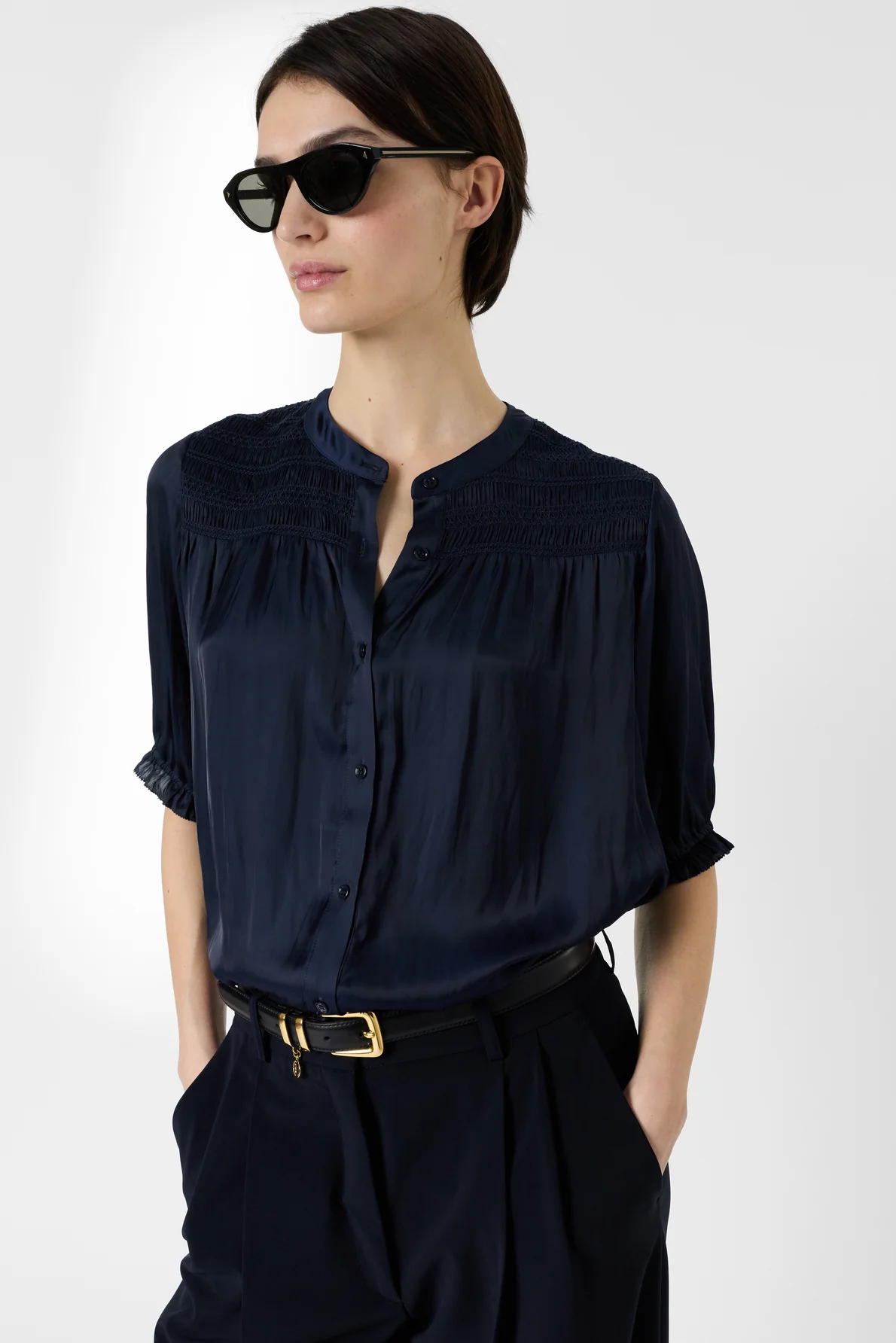 Women's Premium Button-Down Blouse Elegant Silhouette Satin - Ecru Navy - Image 5