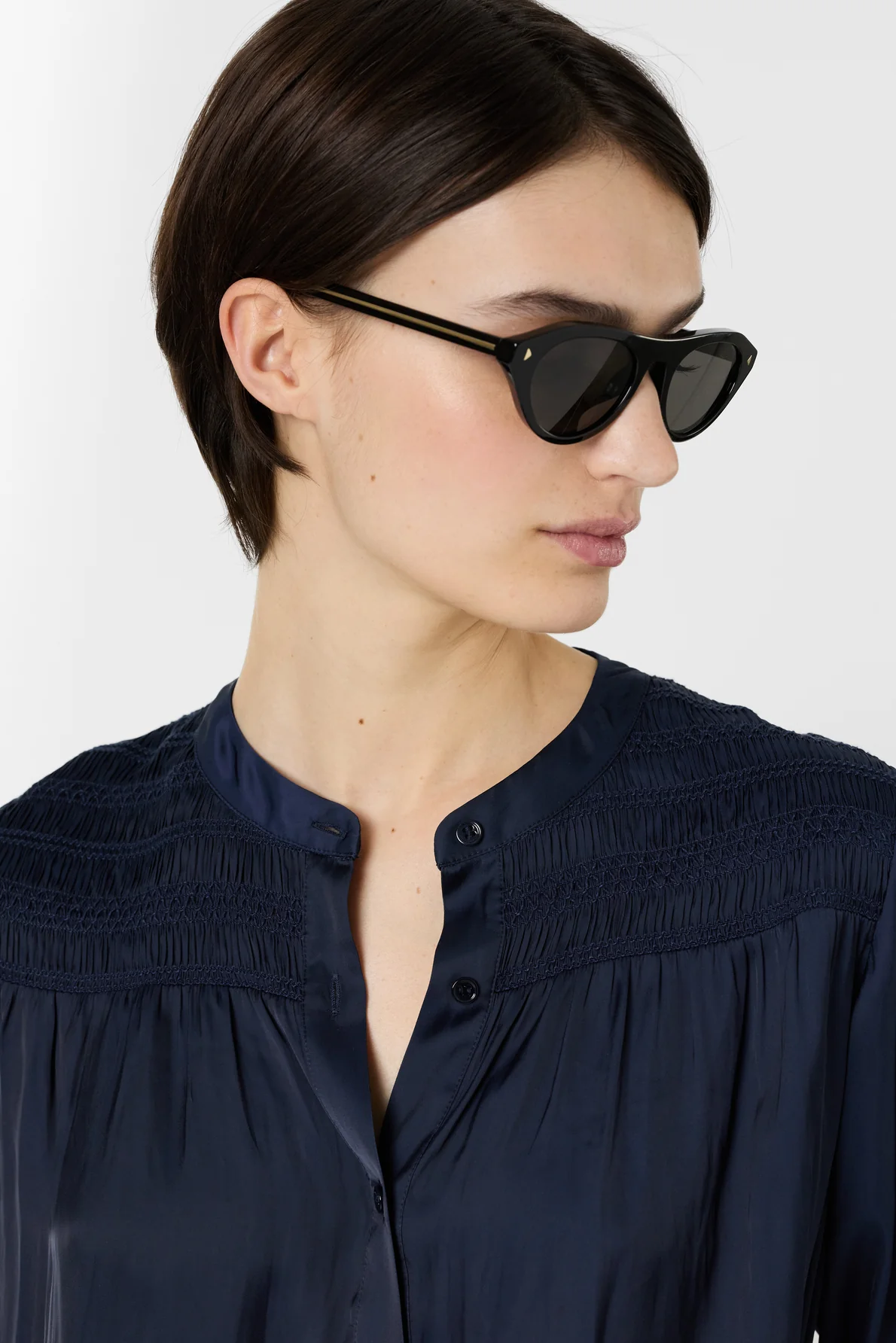 Women's Premium Button-Down Blouse Elegant Silhouette Satin - Ecru Navy - Image 6