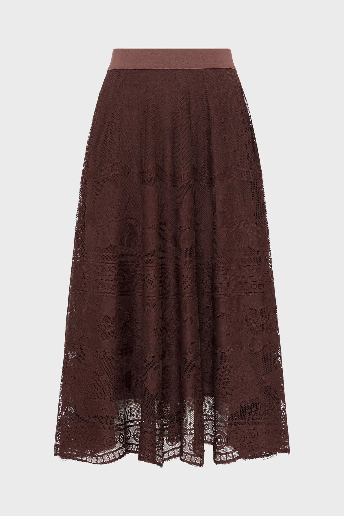 Women's Flared Midi Skirt Chantilly Lace Overlay - Brown
