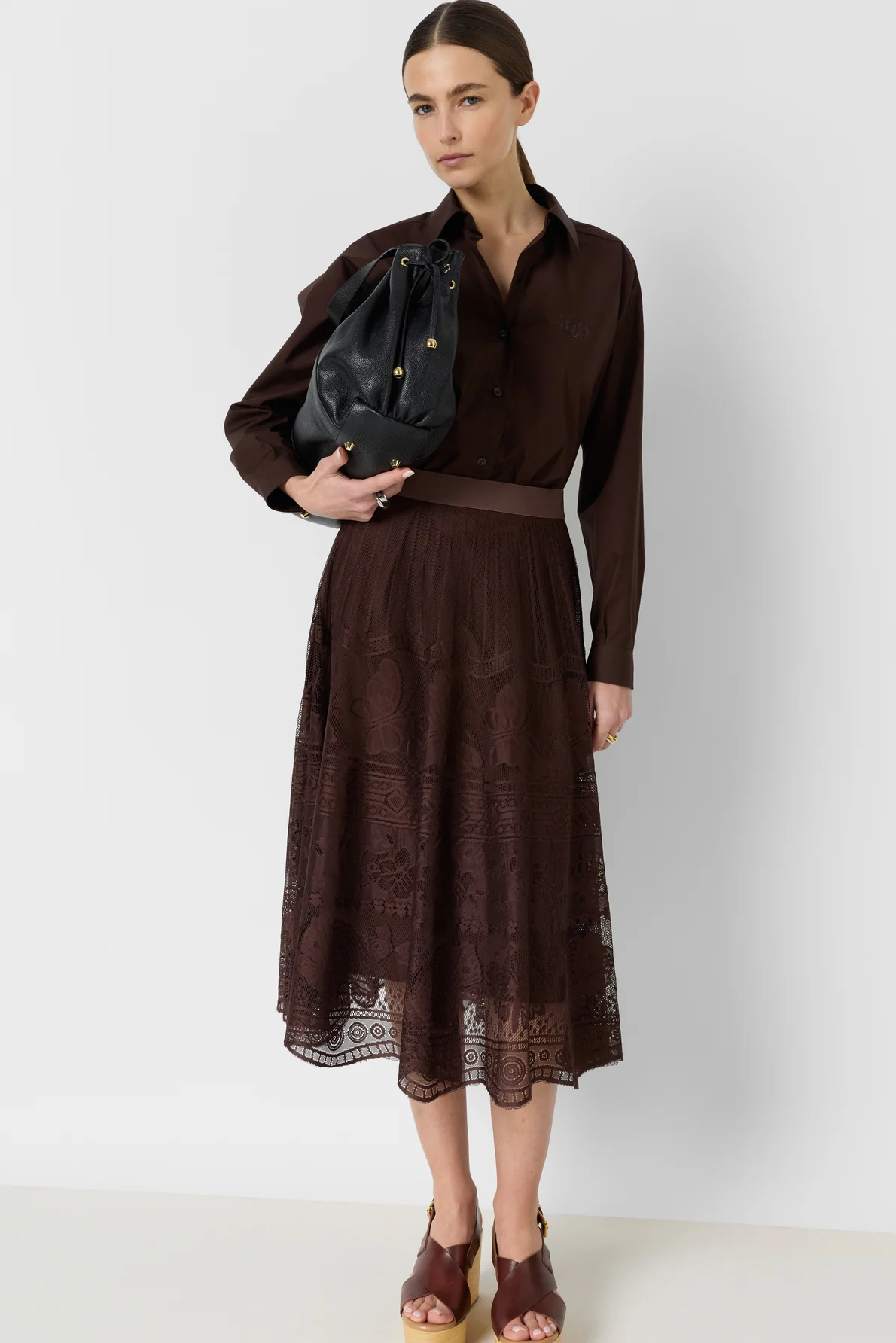 Women's Flared Midi Skirt Chantilly Lace Overlay - Brown - Image 2