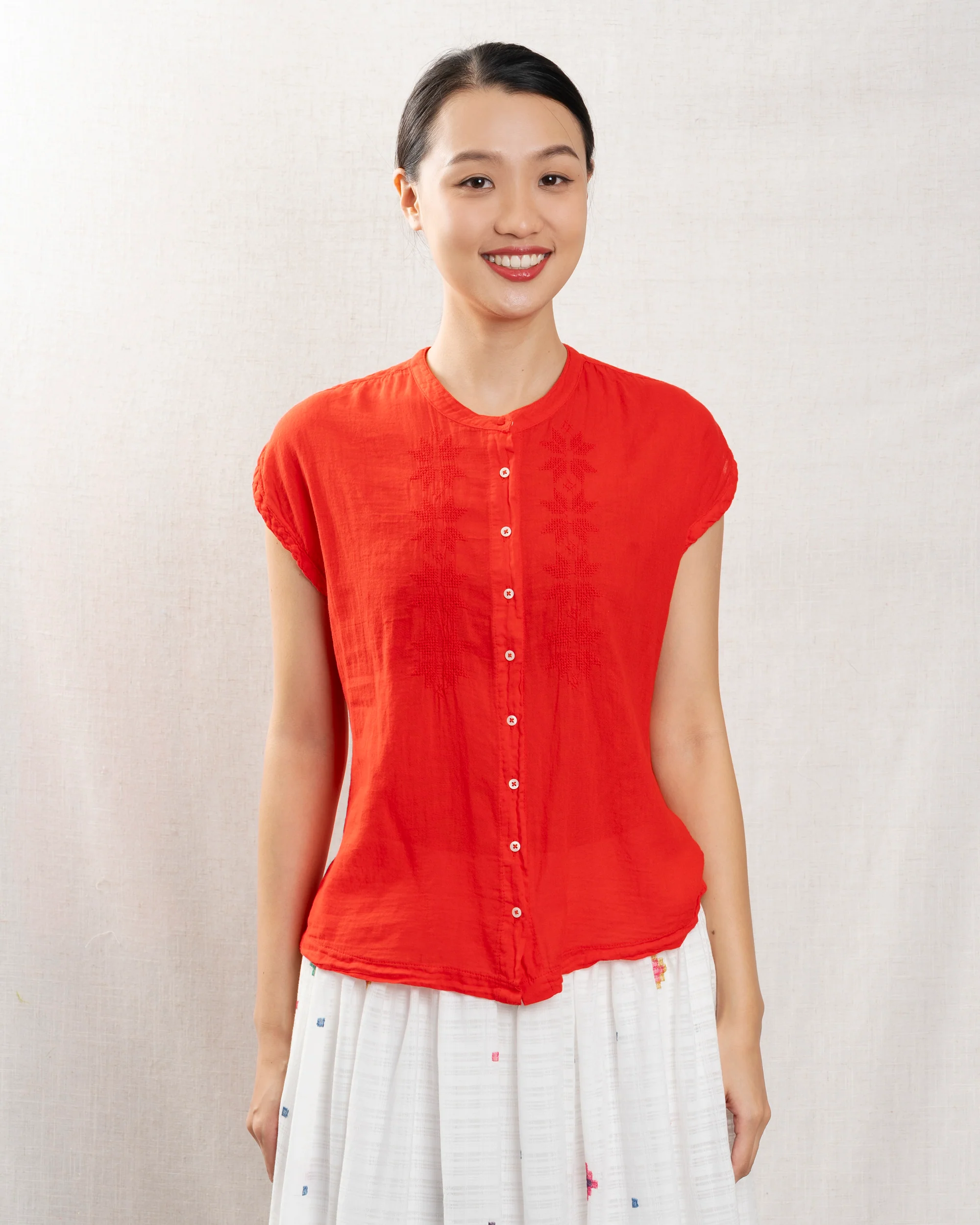 Hartford | Bi-Fabric Cotton Blouse - Tomato Red