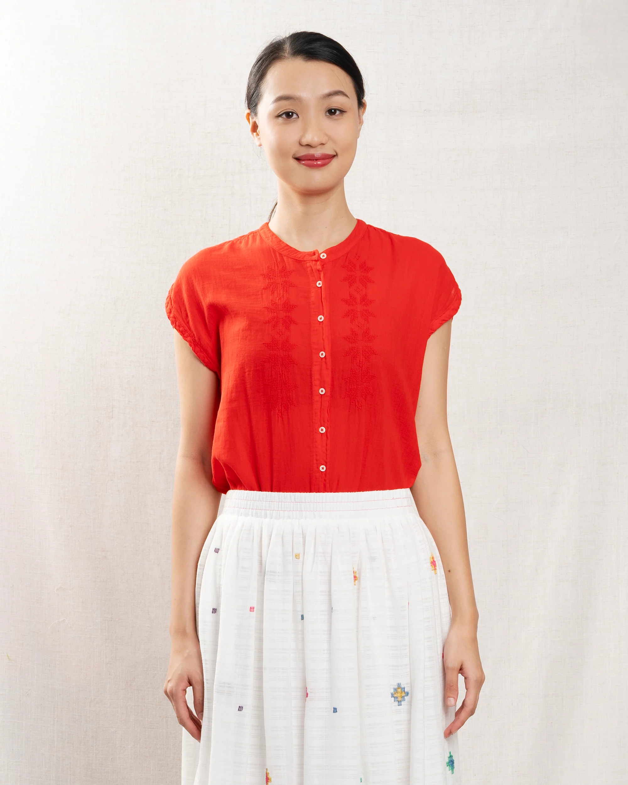 Hartford | Bi-Fabric Cotton Blouse - Tomato Red - Image 6