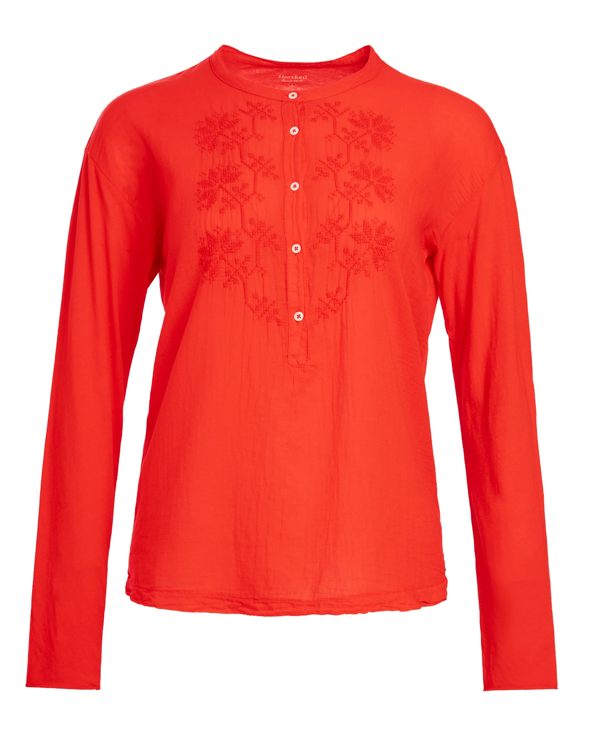 Hartford | Bi-Fabric Cotton Blouse with Half-Placket - Tomato Red
