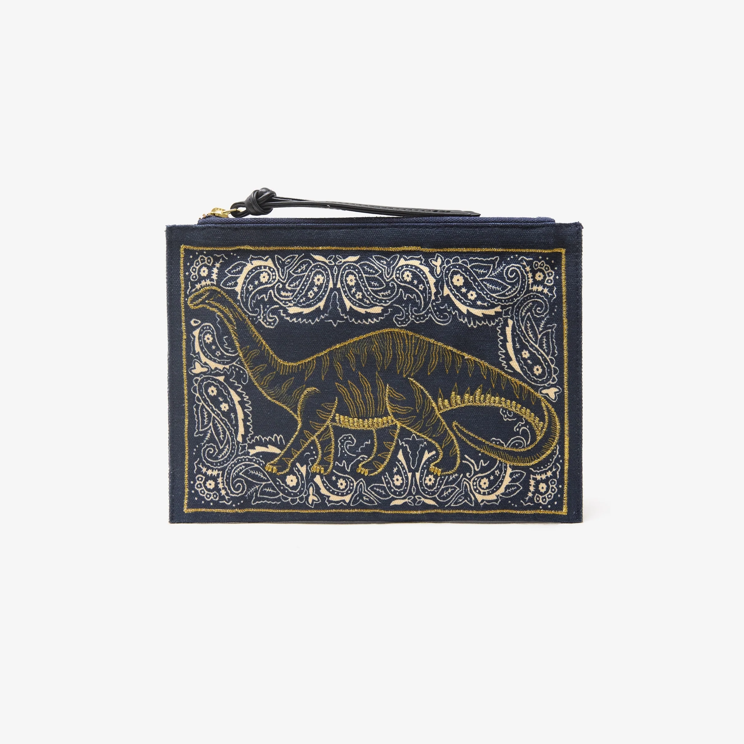 Inoui | Embroidered Cotton Pouch with Leather Trim - Navy