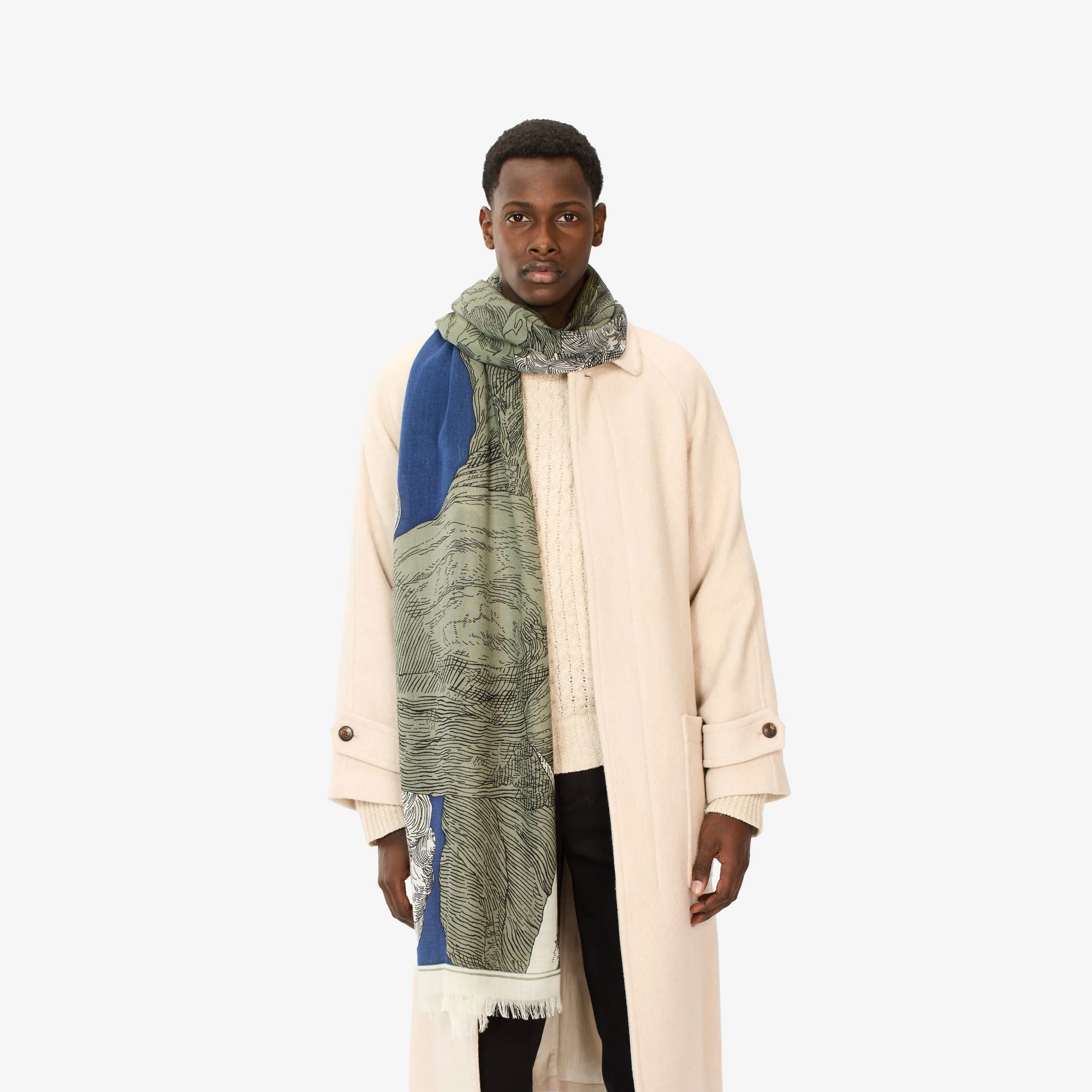 Inoui | Illustrated Wool Scarf - Long Rectangular Wrap Khaki - Image 2