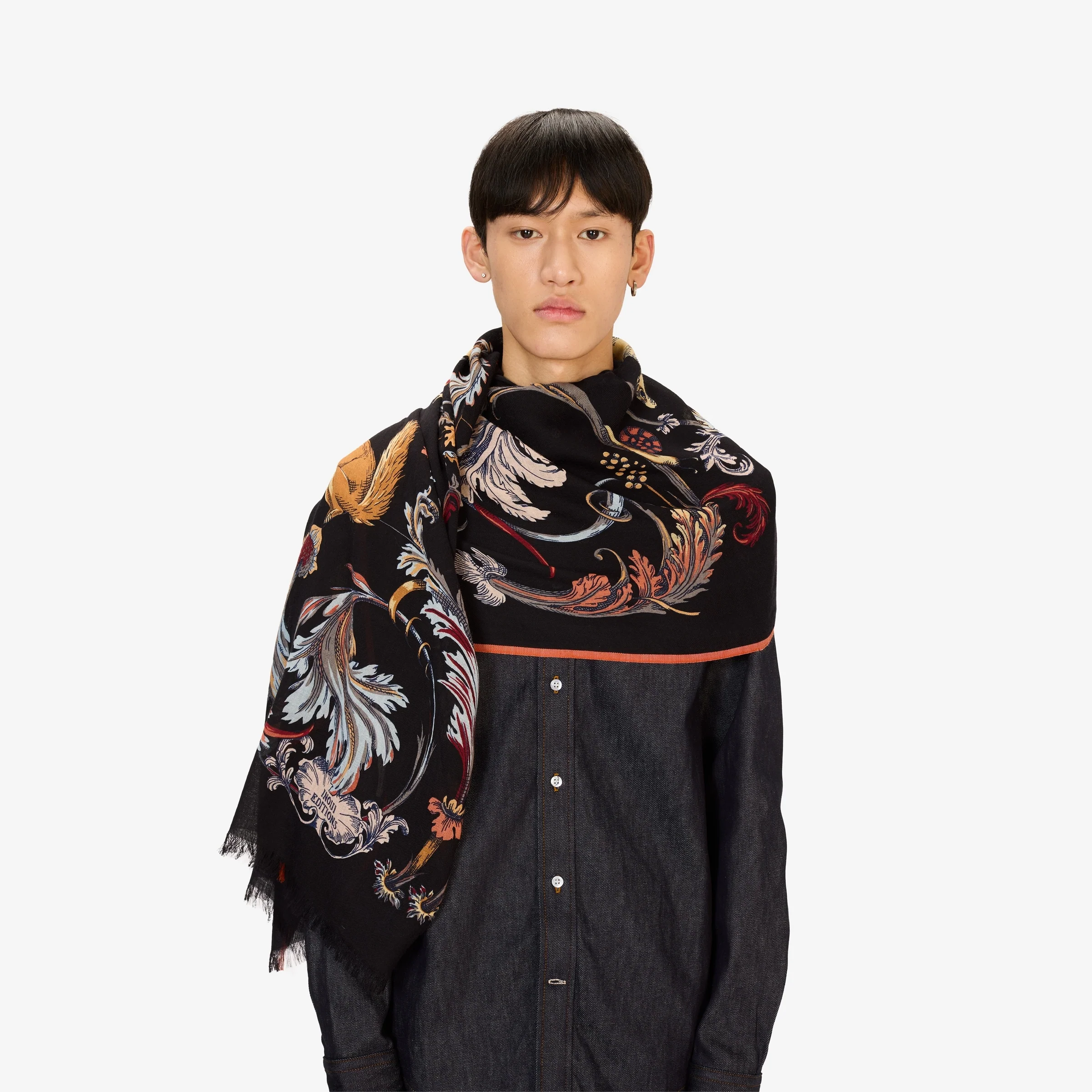 Inoui | Hand-Printed Wool Scarf - Navy