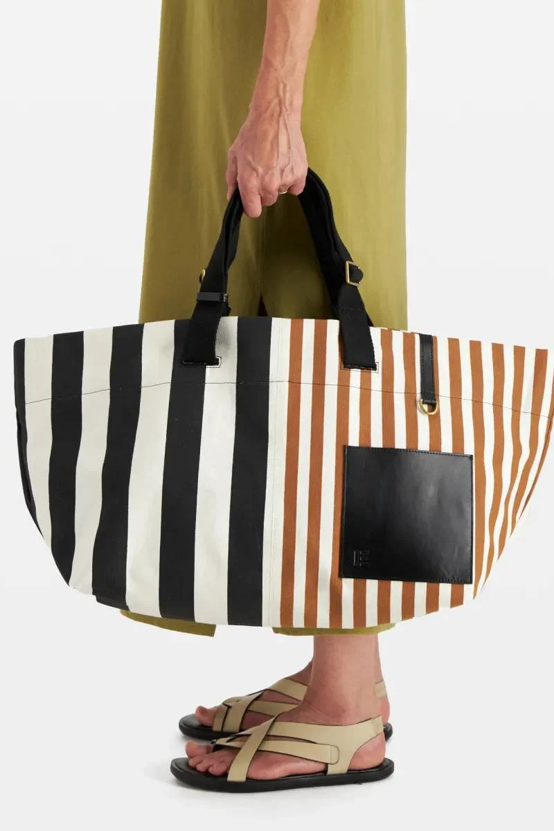 Inoui | Large Cotton Canvas Tote Bag with Leather Trim Black