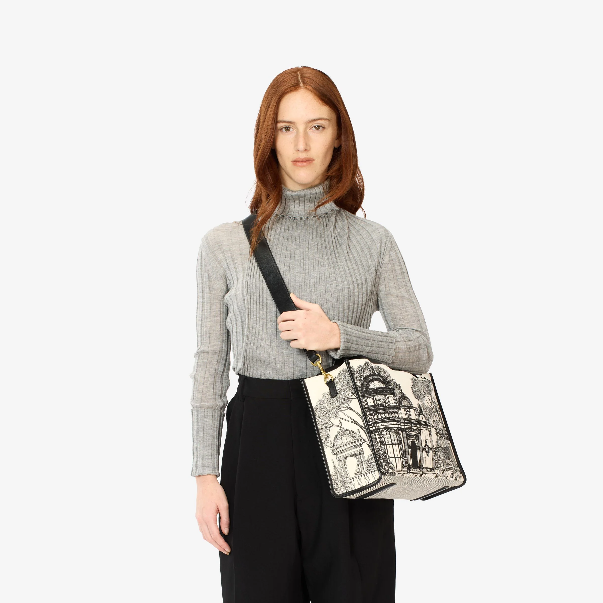Inoui | Graphic Canvas Tote with Leather Handles Black-White - Image 2