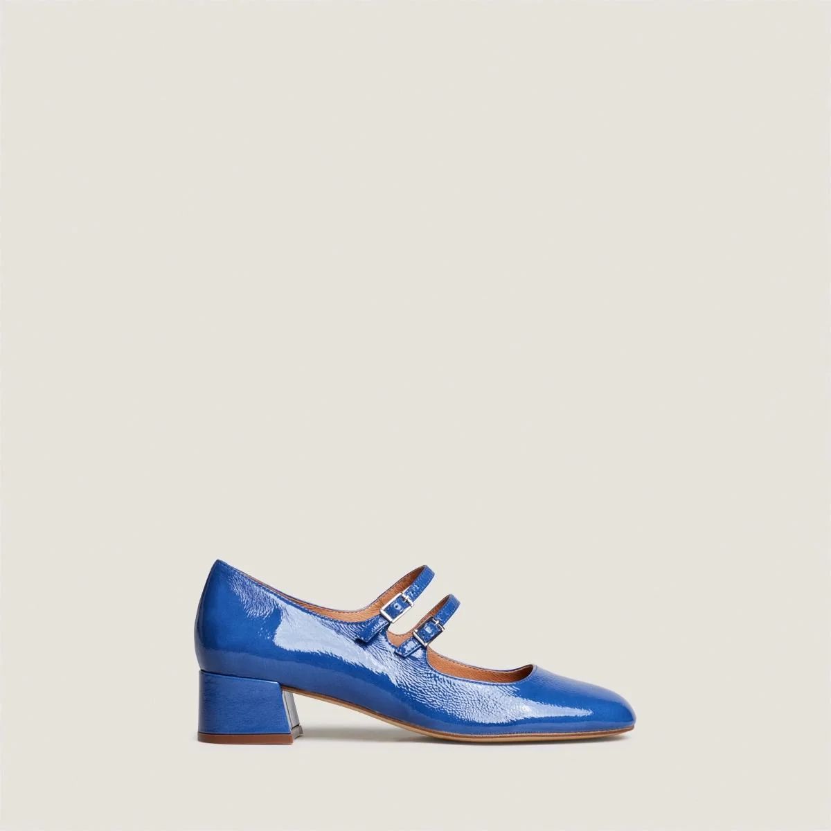 Jonak | Blue Steel Pleated Patent Leather Block Heel Sandals Bleu-Acier
