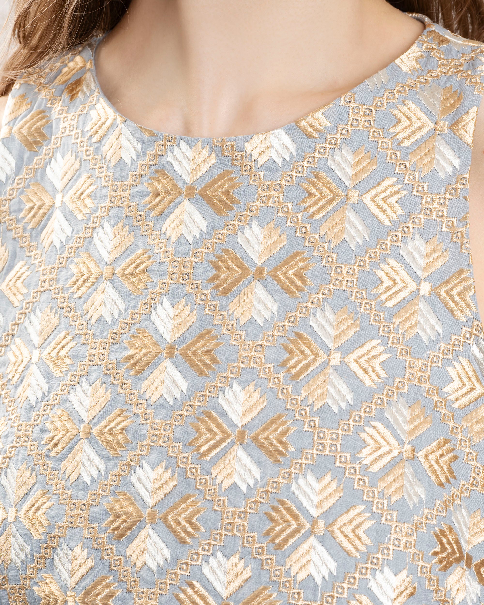 Women's Button-Down Blouse 100% Cotton - Light-Grey-Gold - Image 3