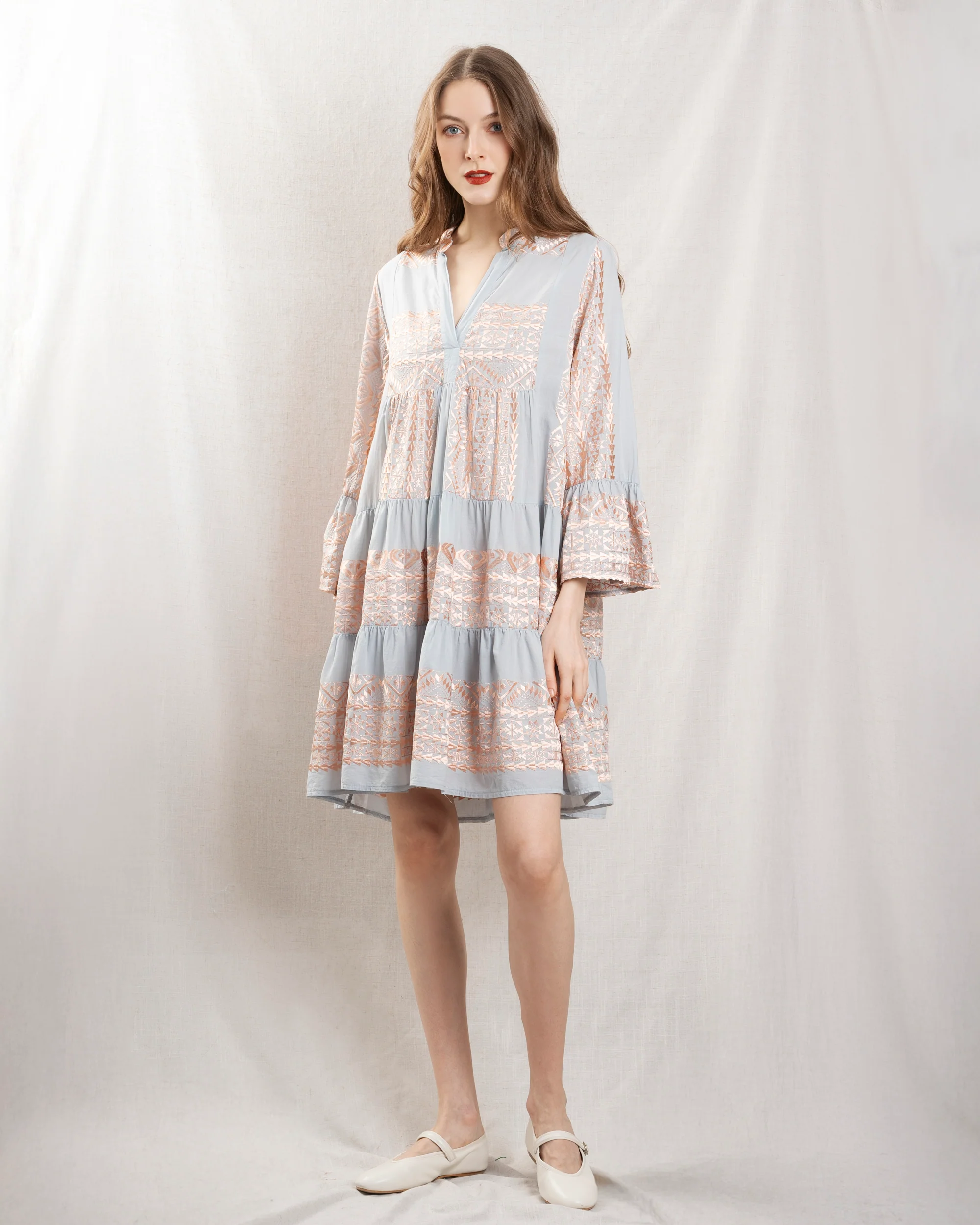 Kori | Triangle Ruffle Cotton Dress - Light-Grey-Pink
