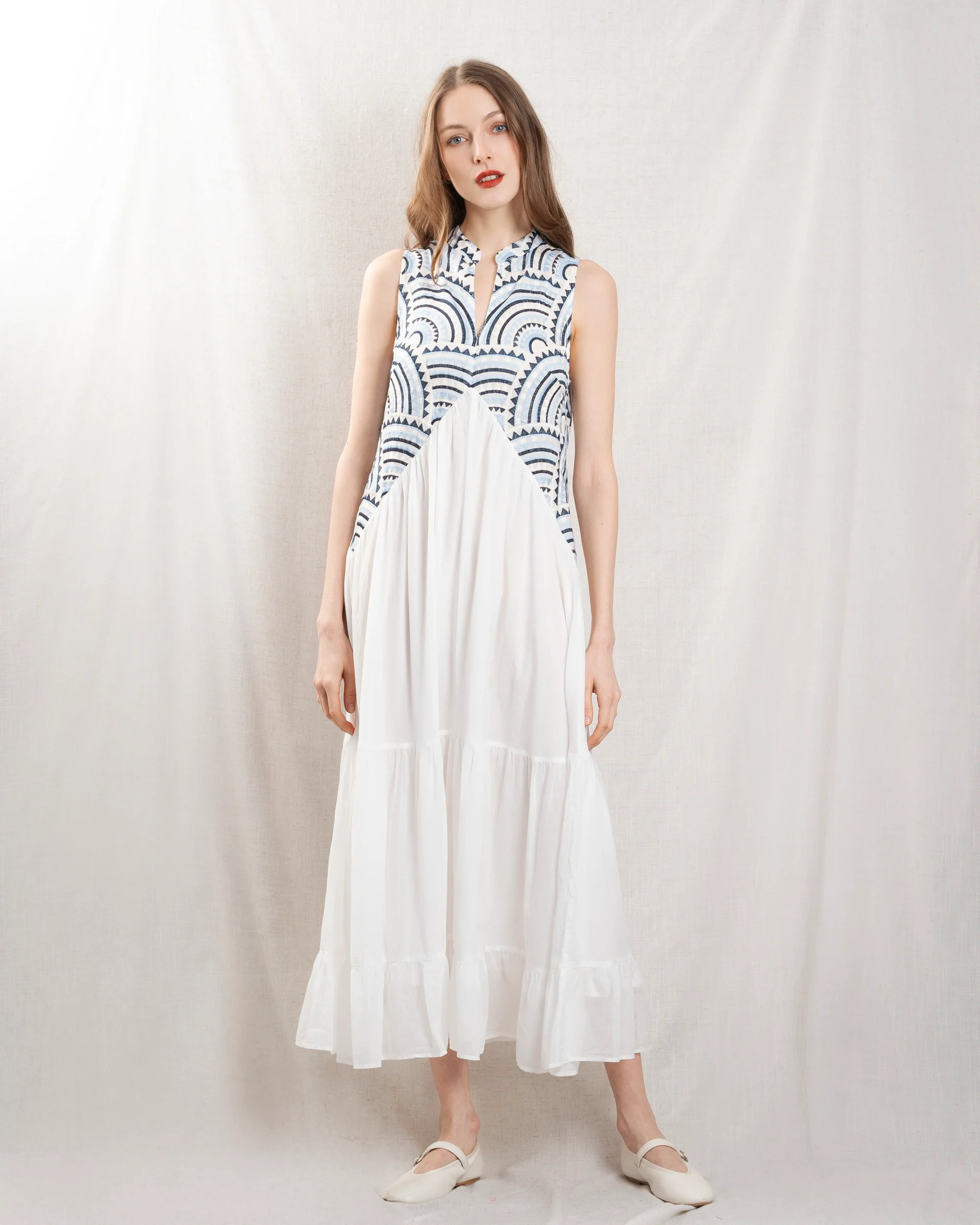 Kori | Triangle Sleeve Midi Dress - White-Blue-Ciel
