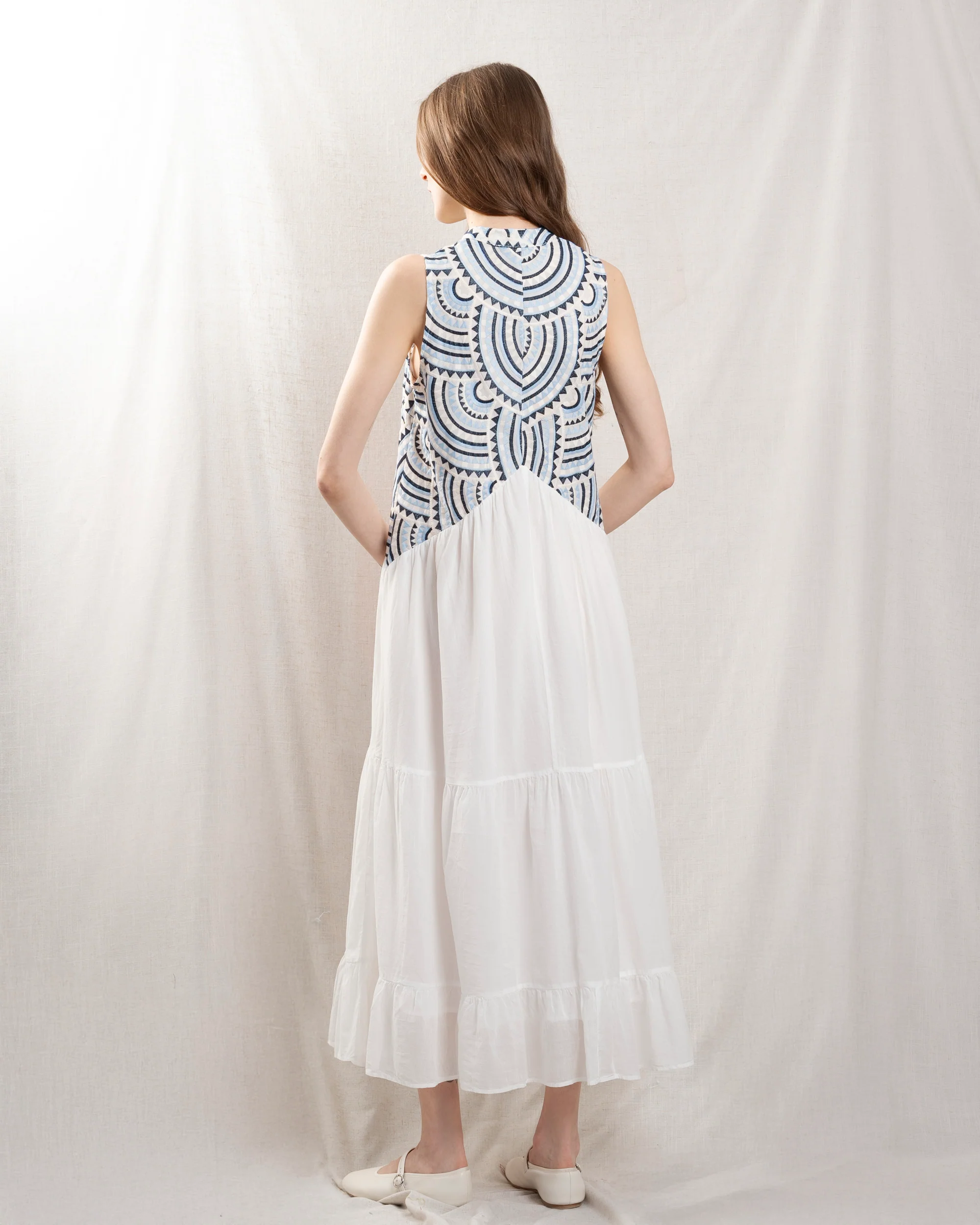 Kori | Triangle Sleeve Midi Dress - White-Blue-Ciel - Image 2