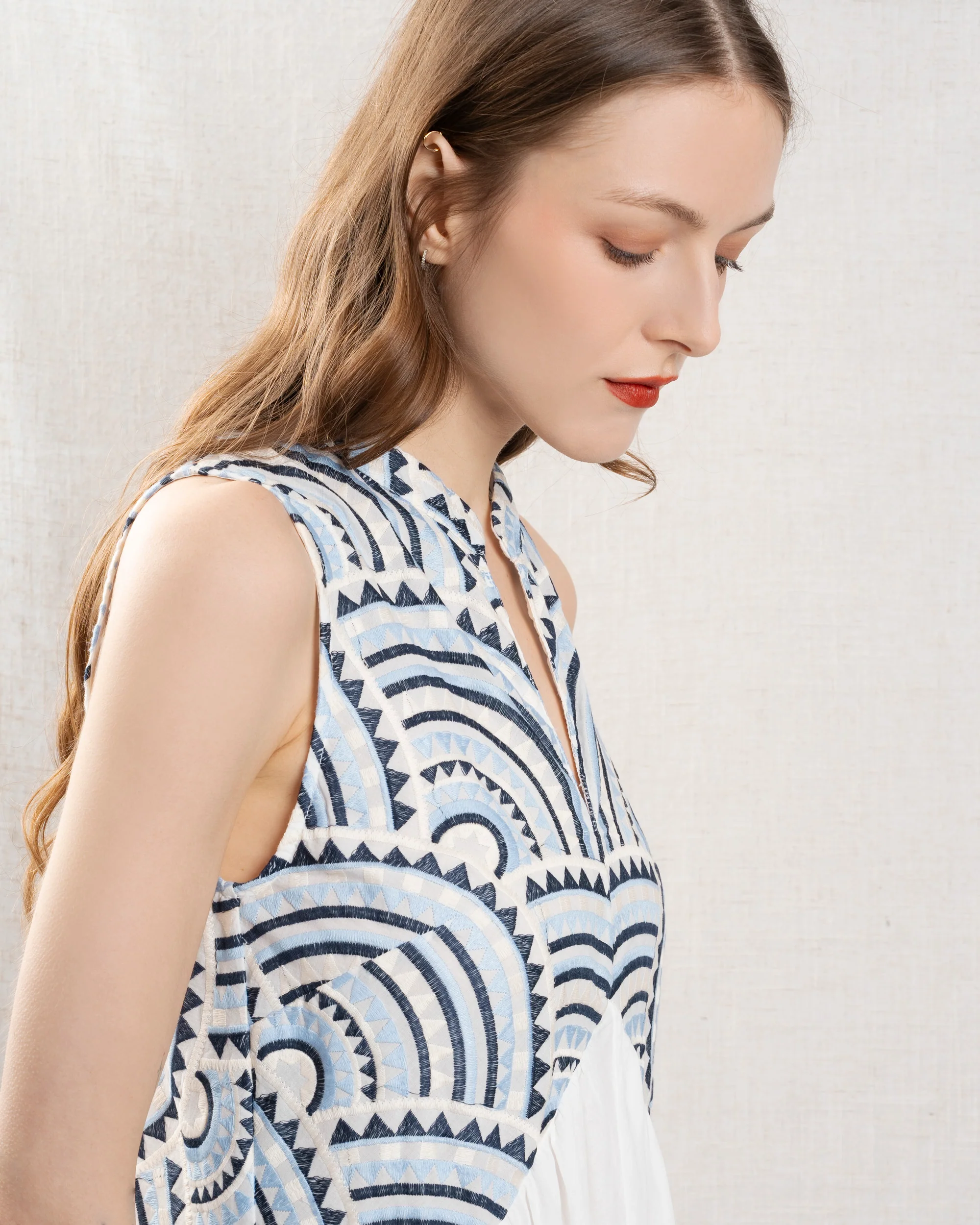 Kori | Triangle Sleeve Midi Dress - White-Blue-Ciel - Image 3