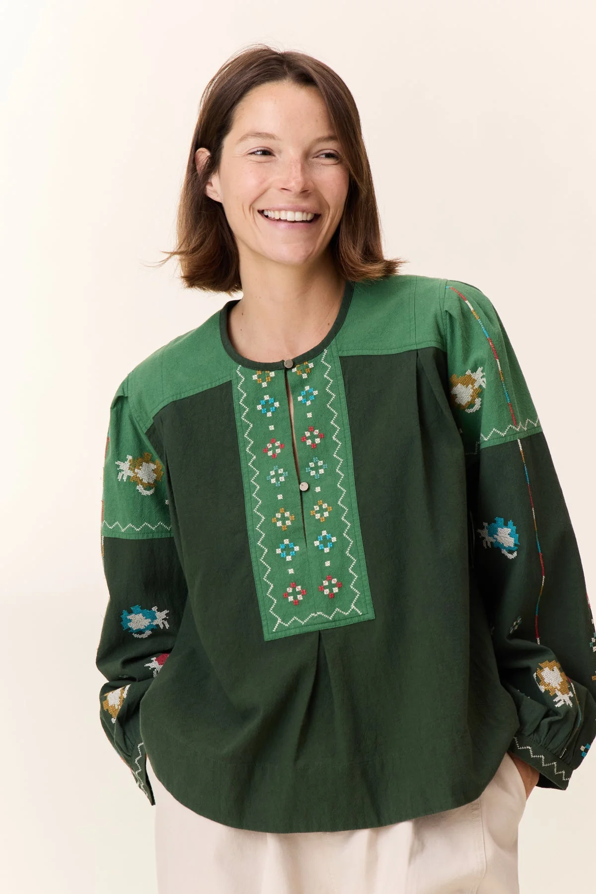 Leon & Harper | Chuki Embroidered Cotton Blouse - Green - Image 5