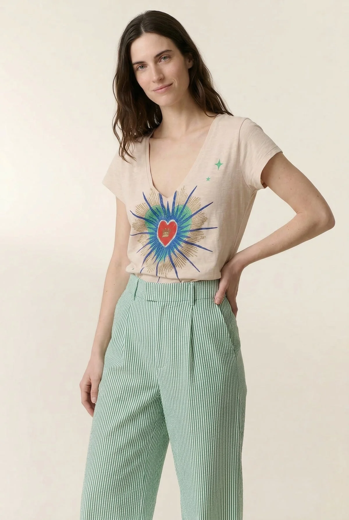 Leon & Harper | Tonton Tshirt Exvo - Embroidered V-Neck Chalk - Image 6
