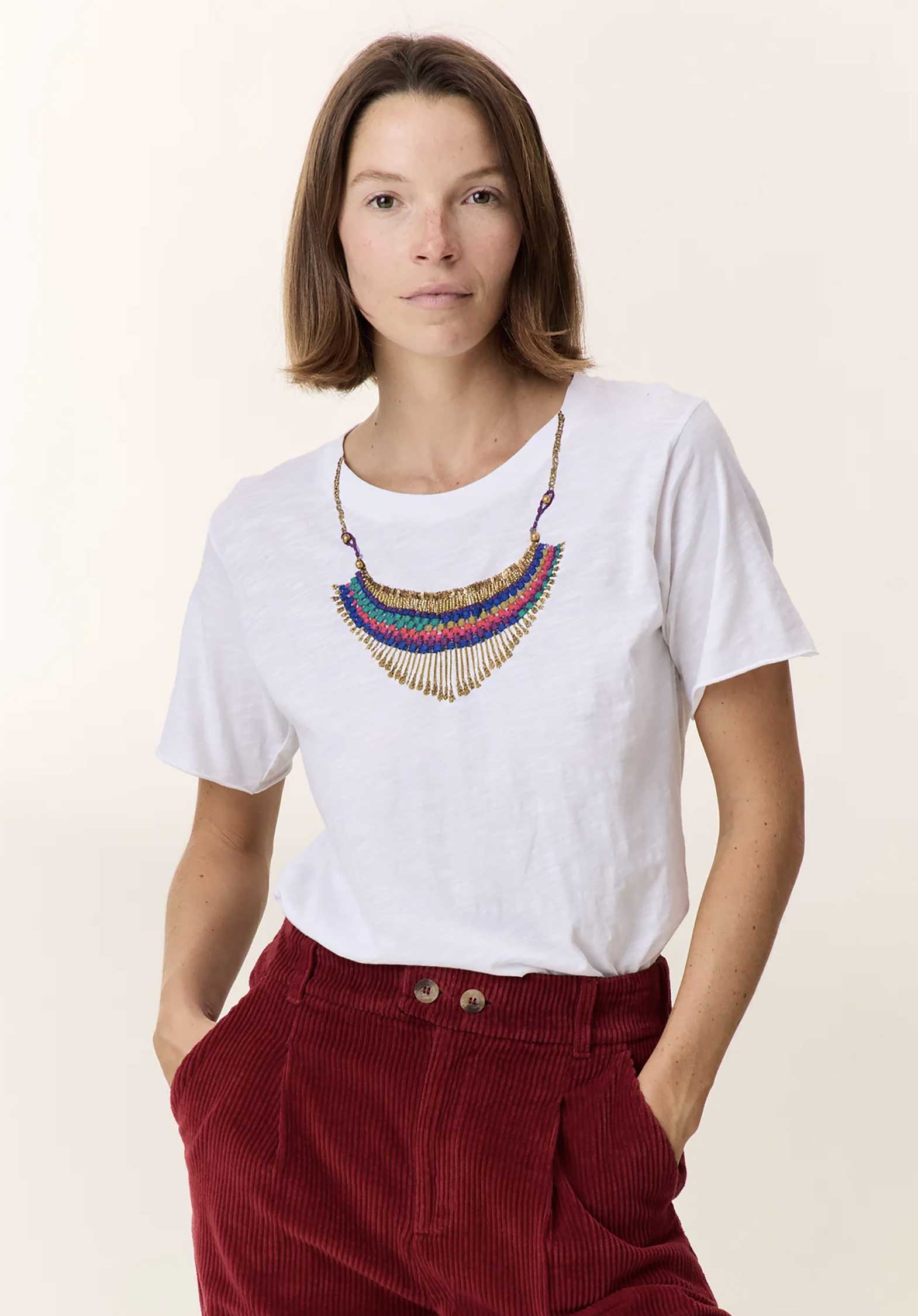 Leon & Harper | Toro Collier T-Shirt - Appliqué Neckline White