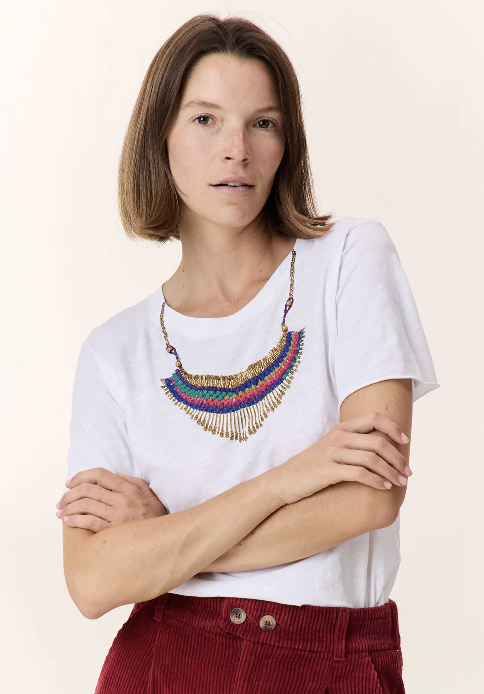 Leon & Harper | Toro Collier T-Shirt - Appliqué Neckline White - Image 4
