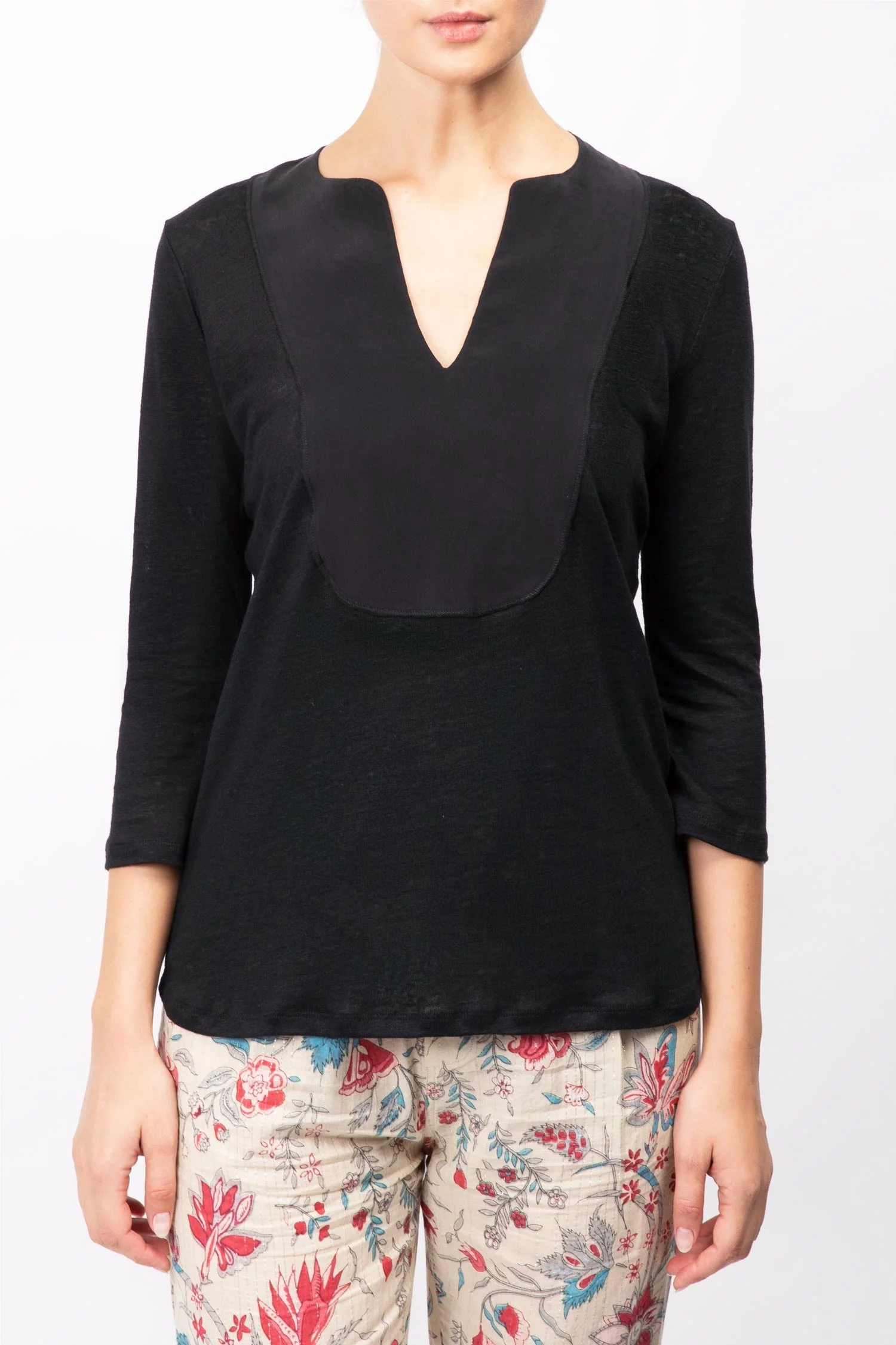 Majestic | Linen Top with Silk Contrast Panel