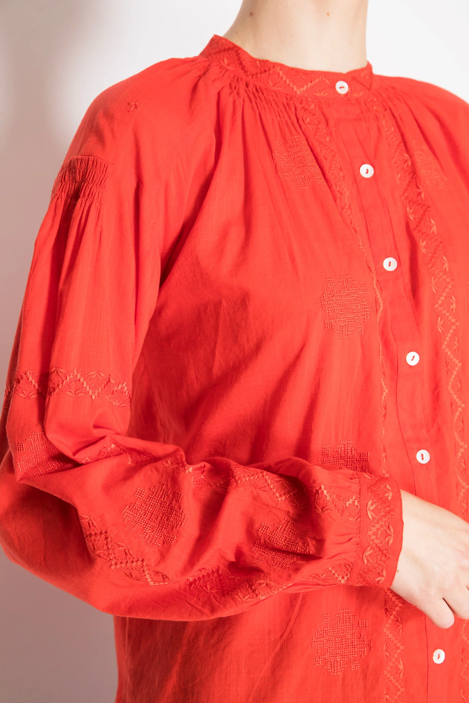 Petite Mendigote | Embroidered Band-Collar Blouse - Floral Folds - Image 3