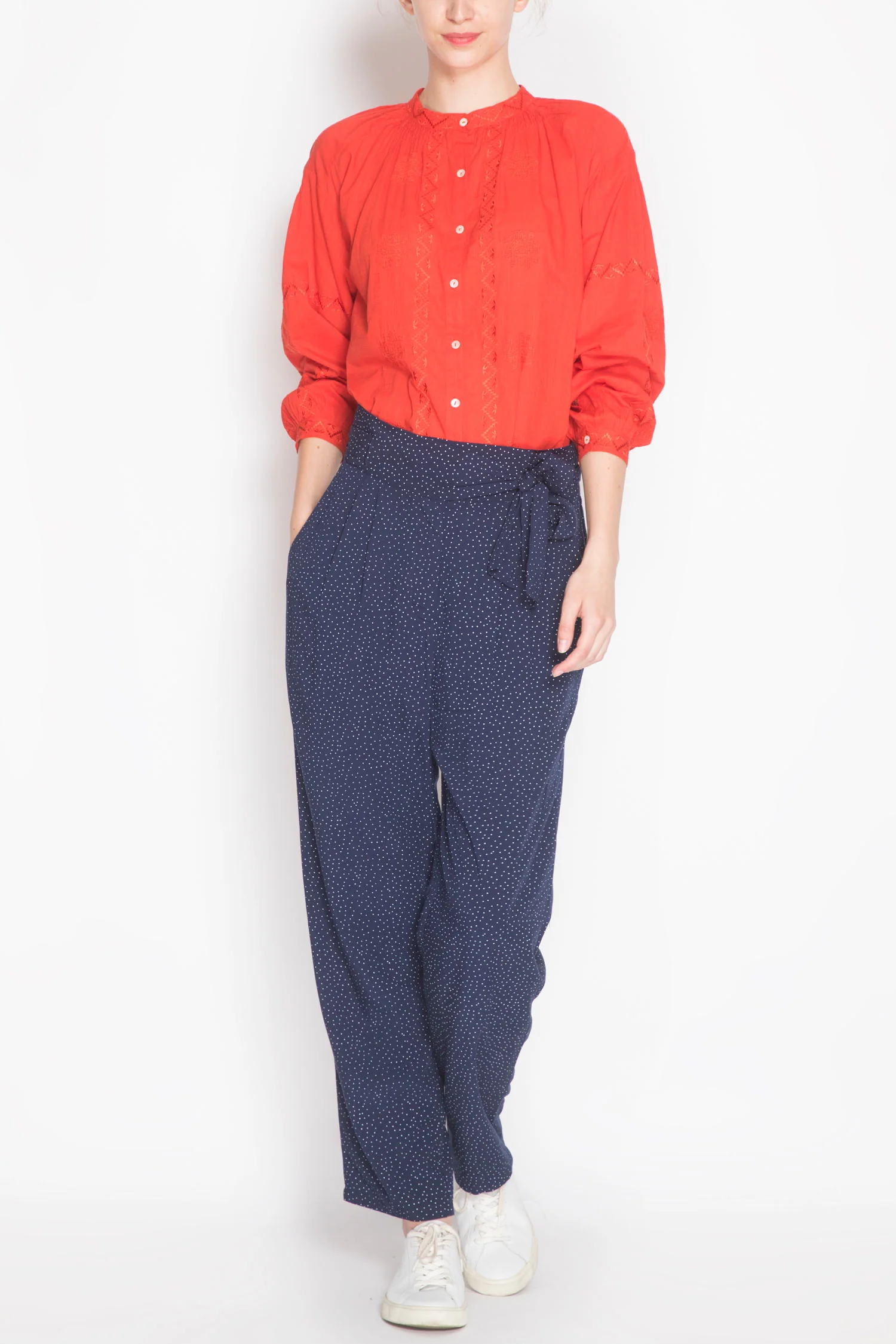 Petite Mendigote | Embroidered Band-Collar Blouse - Floral Folds - Image 4