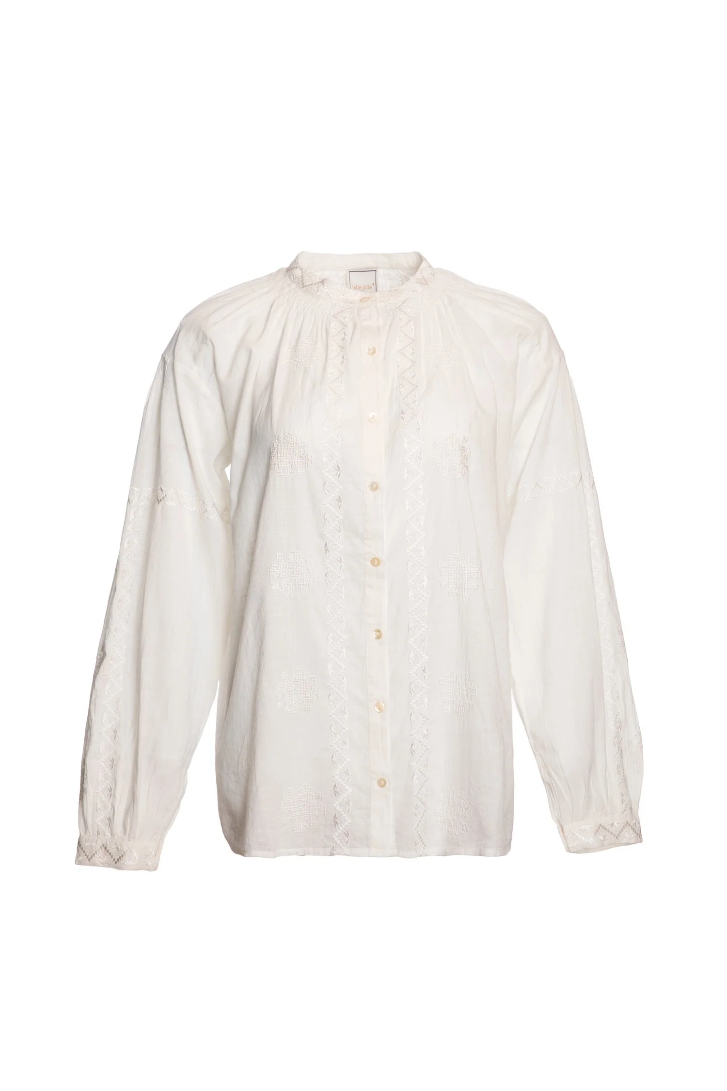 Petite Mendigote | Embroidered Band-Collar Blouse - Floral Folds - Image 5