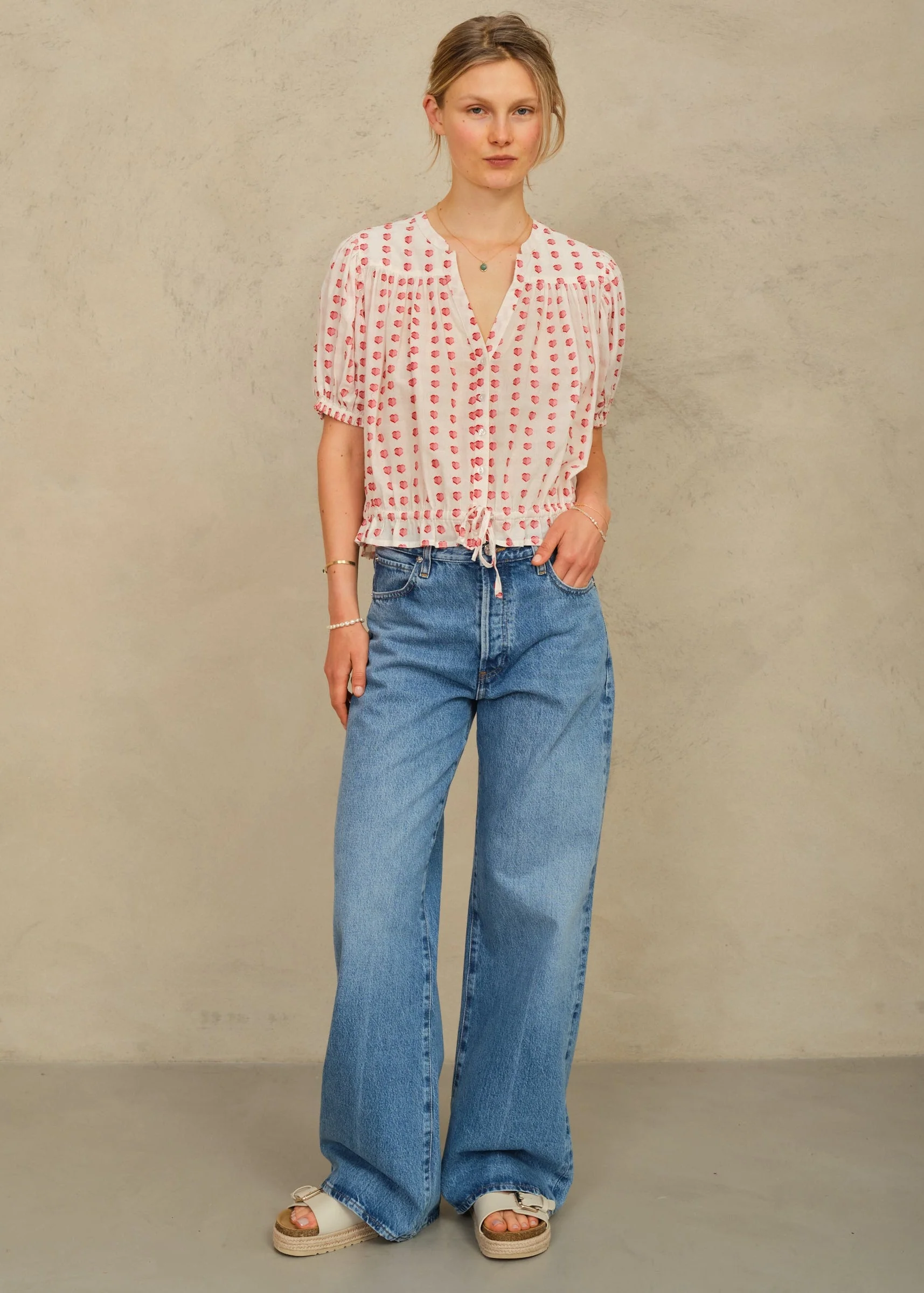 Blouse Karla Gather Top Ecru-Red - Image 2