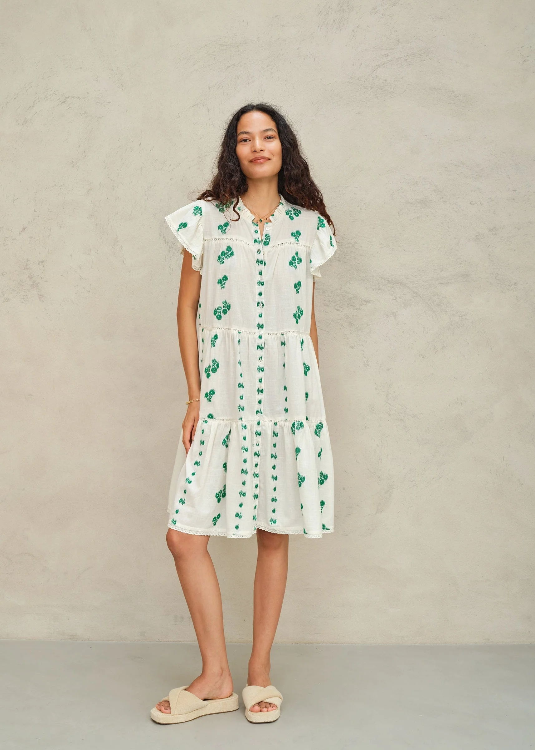 Mabe | Iris Frill Tiered Sundress - Floral Cotton Green