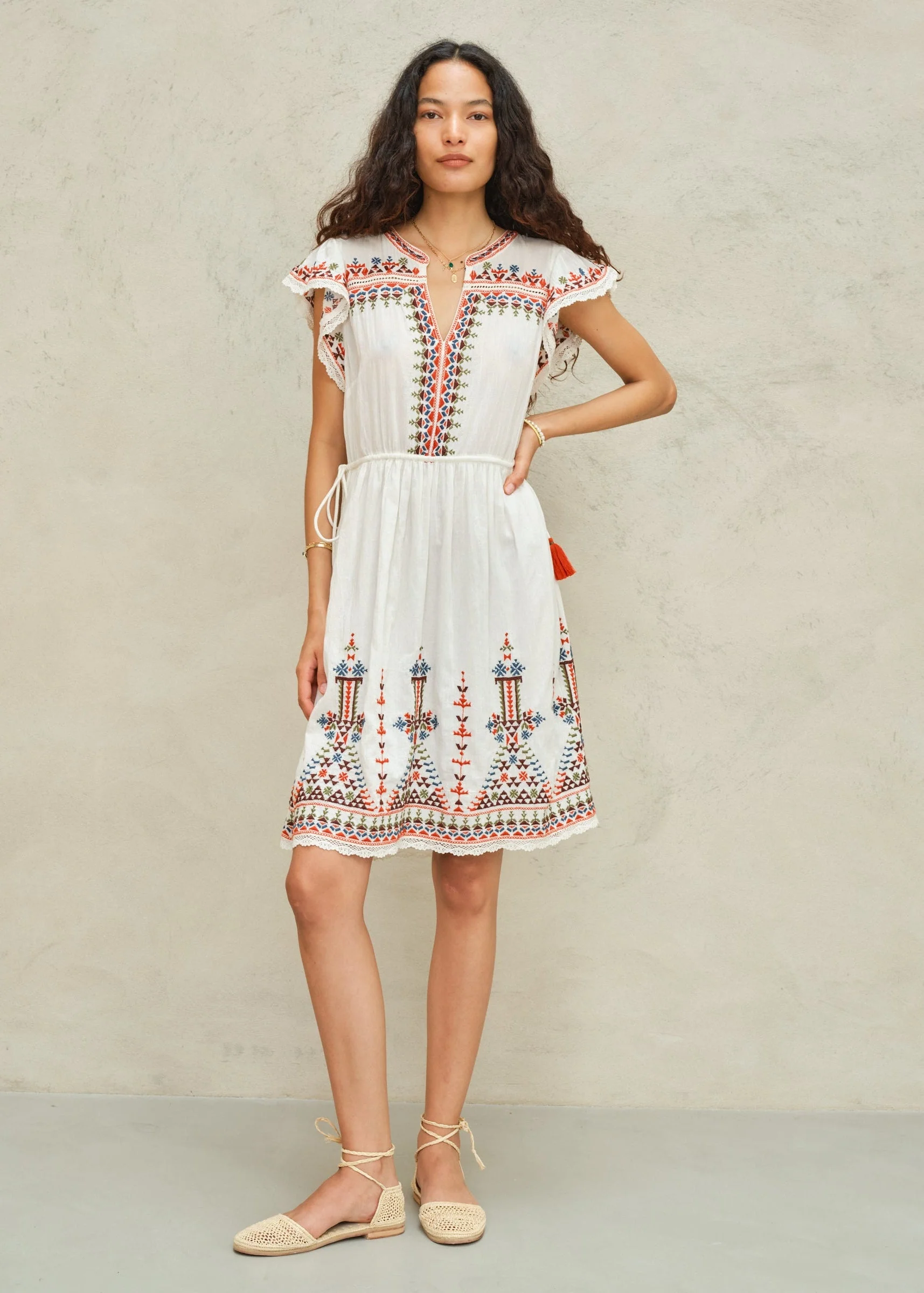 Mabe | Rani Embroidered Cotton Dress - Ecru-Multi