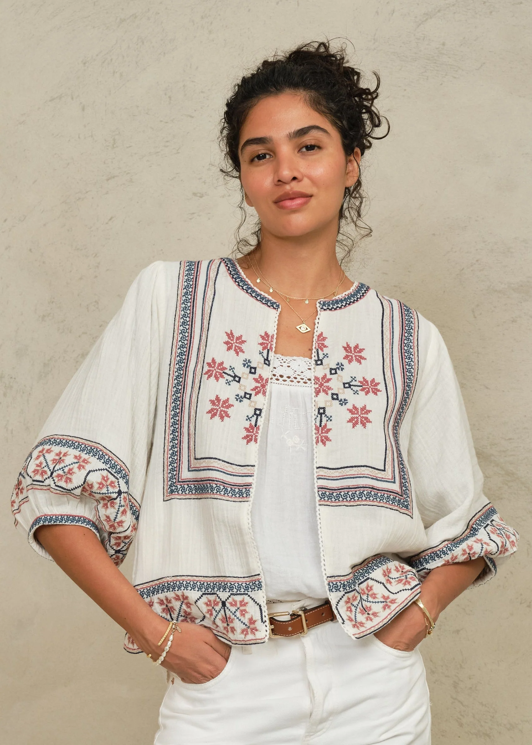Mabe | Calista Embroidered Cotton Jacket - Soft Multi Ecru-Multi