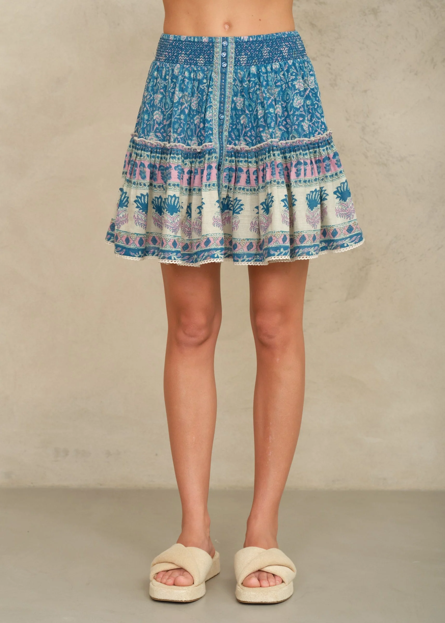 Mabe | Myla Mini Skirt in Floral Blockprint Cotton with Lace Trim Multi