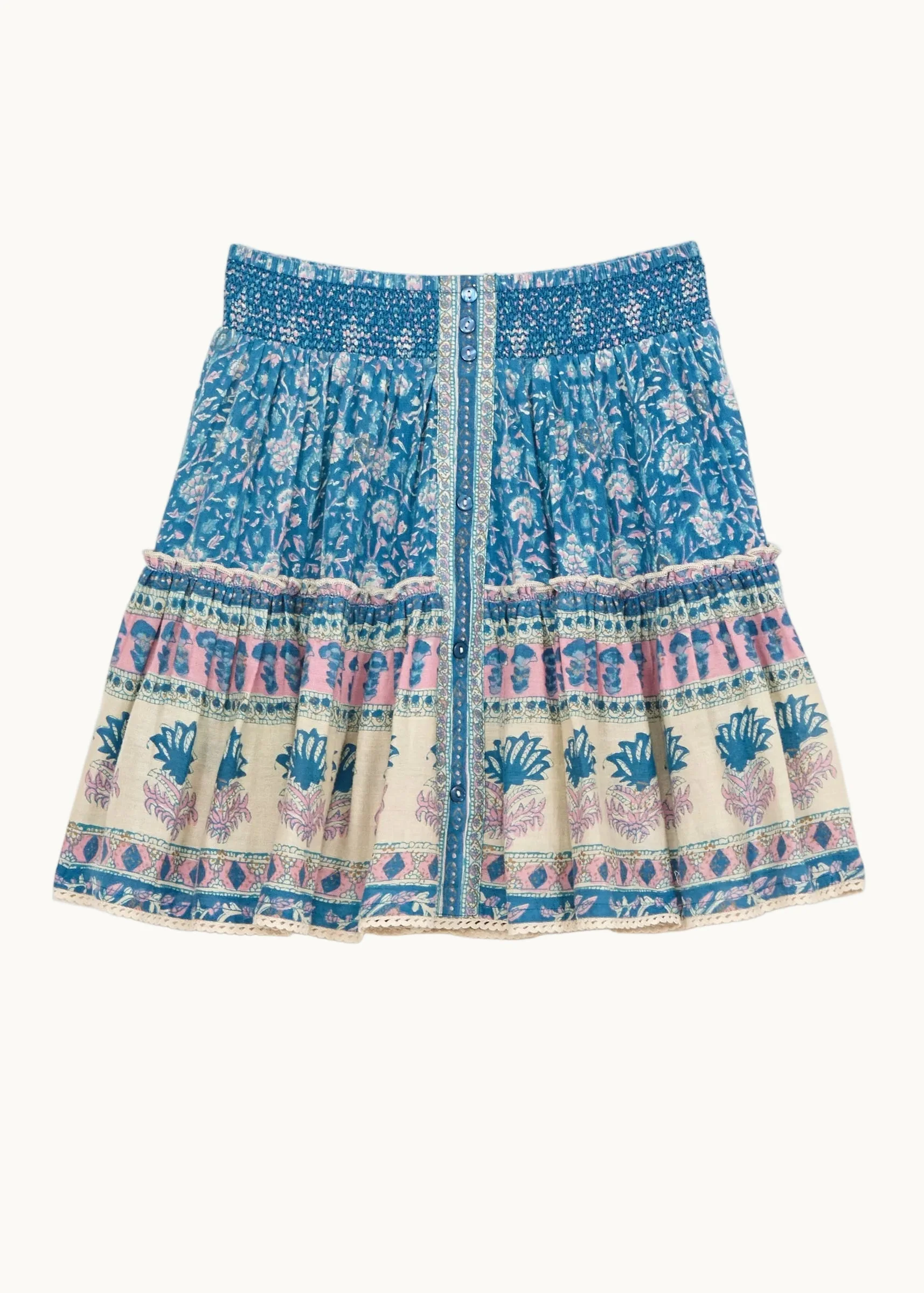 Mabe | Myla Mini Skirt in Floral Blockprint Cotton with Lace Trim Multi - Image 3