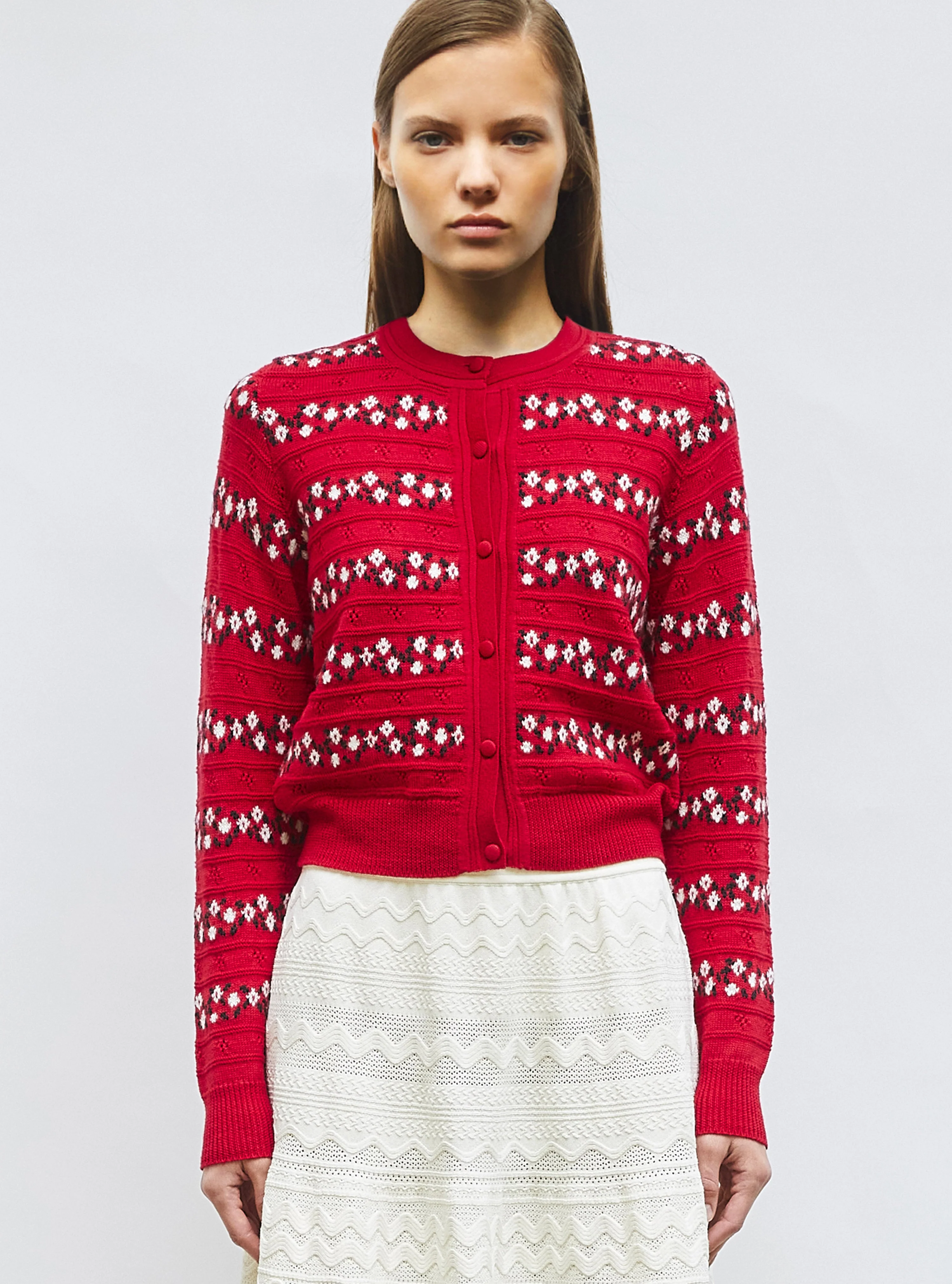 Molli | Dessert Garance Cardigan - Floral Jacquard Wool in Red Garance-Red