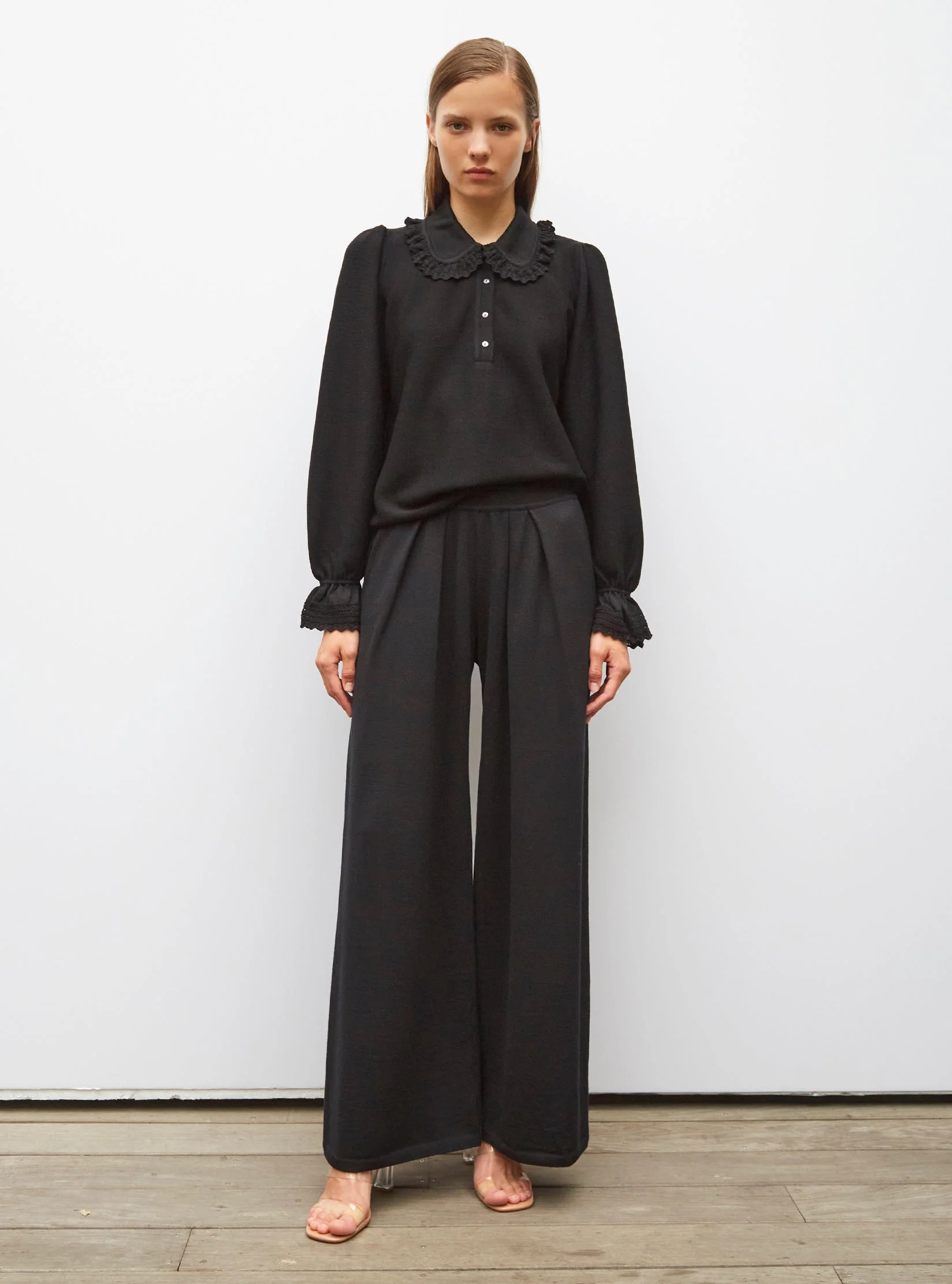 Molli | Lauren Wide-Leg Wool Pants - Scalloped Waist Deep-Black