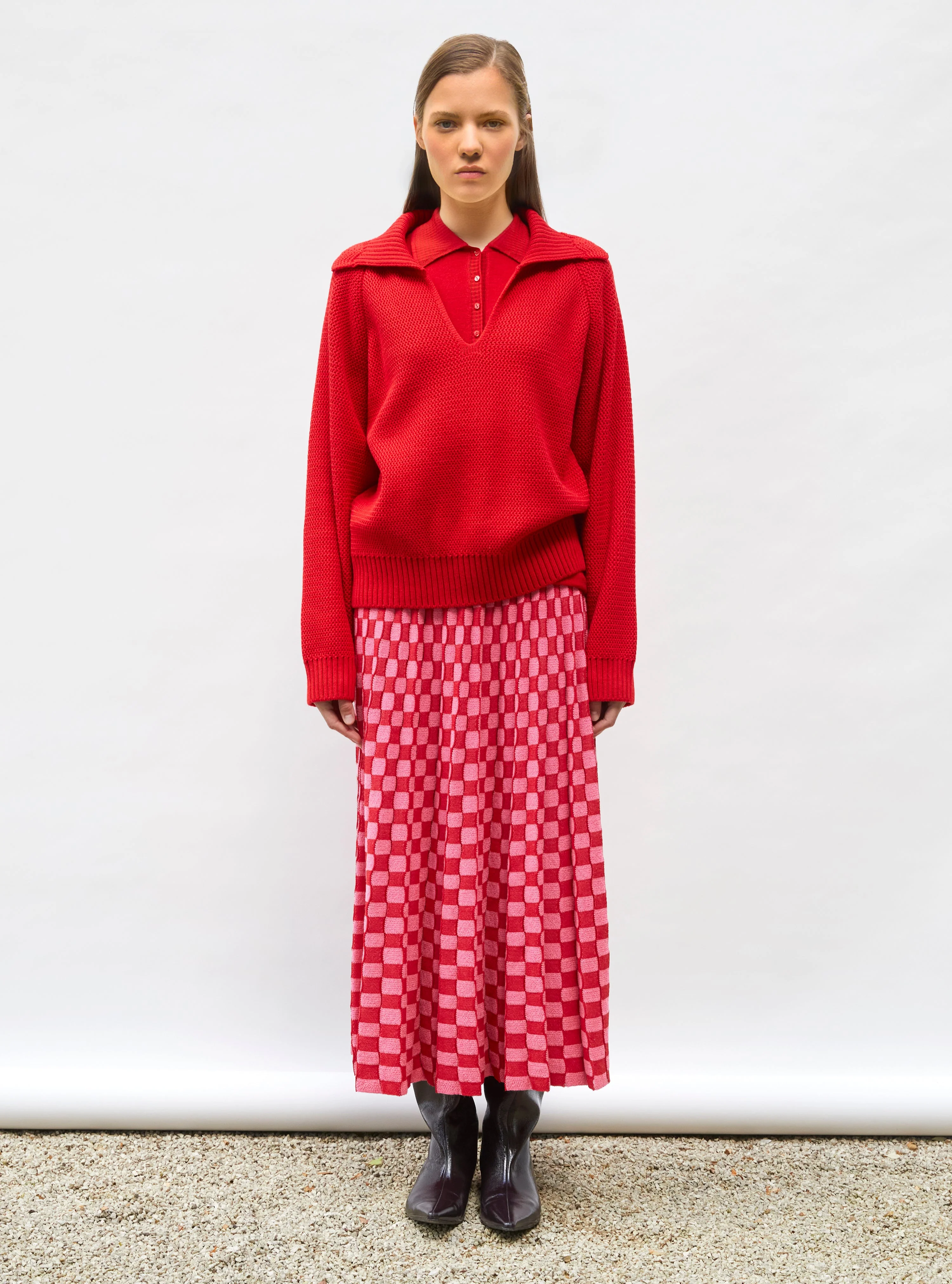 Molli | Delicate Jacquard Flared Midi Skirt - Neon-Pink-Bright-Red